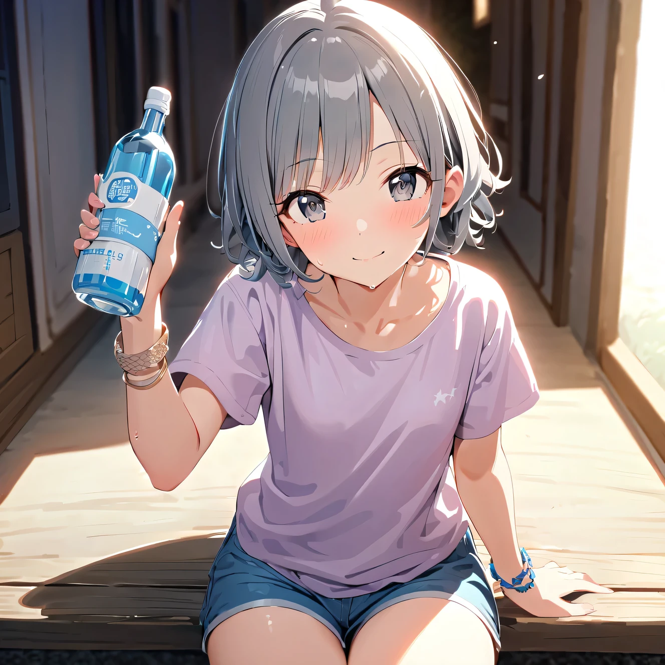 1girl otokura_yuuki idolmaster_Cinderella_girls arm_support bare_Youth_shorts blurry blurry_Background Blush Bottle Bracelet Gray_hair grey_eyes droopy hair_ornament holding holding_looking for bottle jewelry_in_beholder_to_of_side open_mouth outdoor person々 pink_Shirt Shirt Short_Hair short_sleeve shorts small_breasts sitting smile solo swein, masterpiece, highest quality, 8K,illustrinion,(detailed lighting),UHD, Anime Skins
