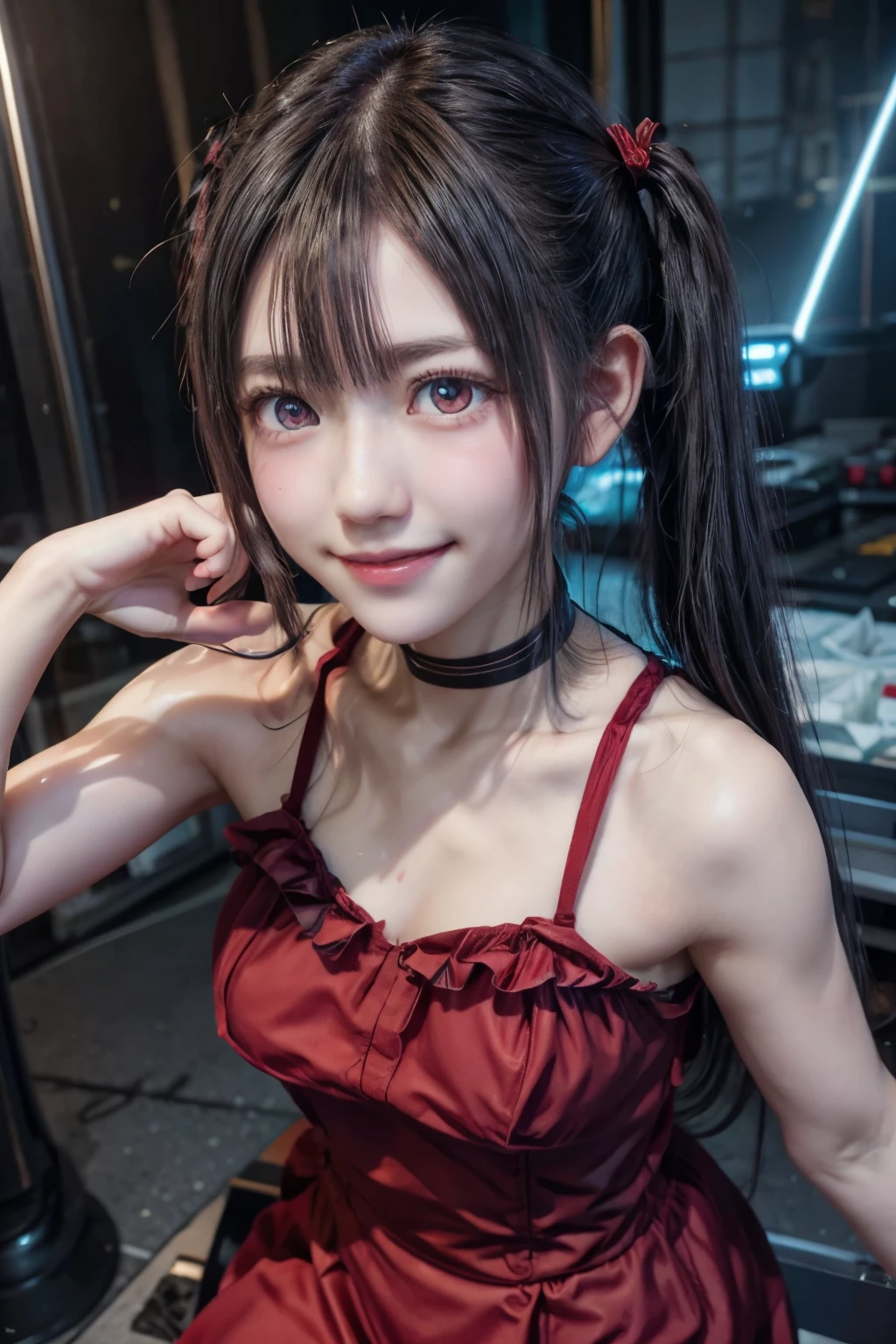 pose for a photo, black pigtails, twin tails, trending on cgstation, twin tails hairstyle, beautiful gemini, , Trending on cgstation, wlop and sakimichan,(((evil smile)))、(((red eyes)))、(((red dress)))、(((glowing red eyes)))