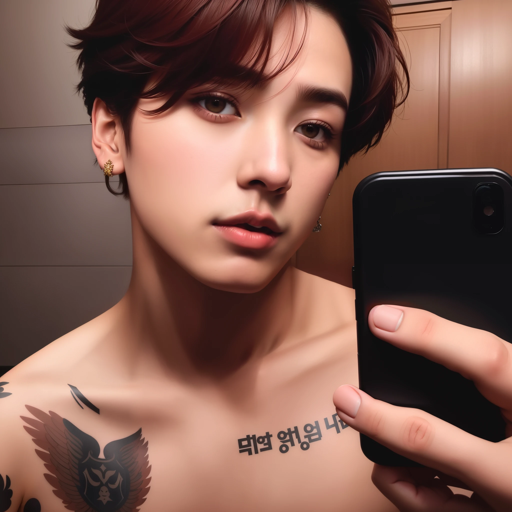 Homem com uma tatuagem no peito tirando uma selfie, Jungkook, Jeon jungkook , pintar ulzzang, Jeon, hyung jungkook, handsome boy prince and androgynous thin face, Hong junho hyung, profile picture with headshot, pele vermelha lisa, inspirado em Kim Jeon jungkook, com o mesmo penteado, homem sul-coreano / Beautiful, plump lips