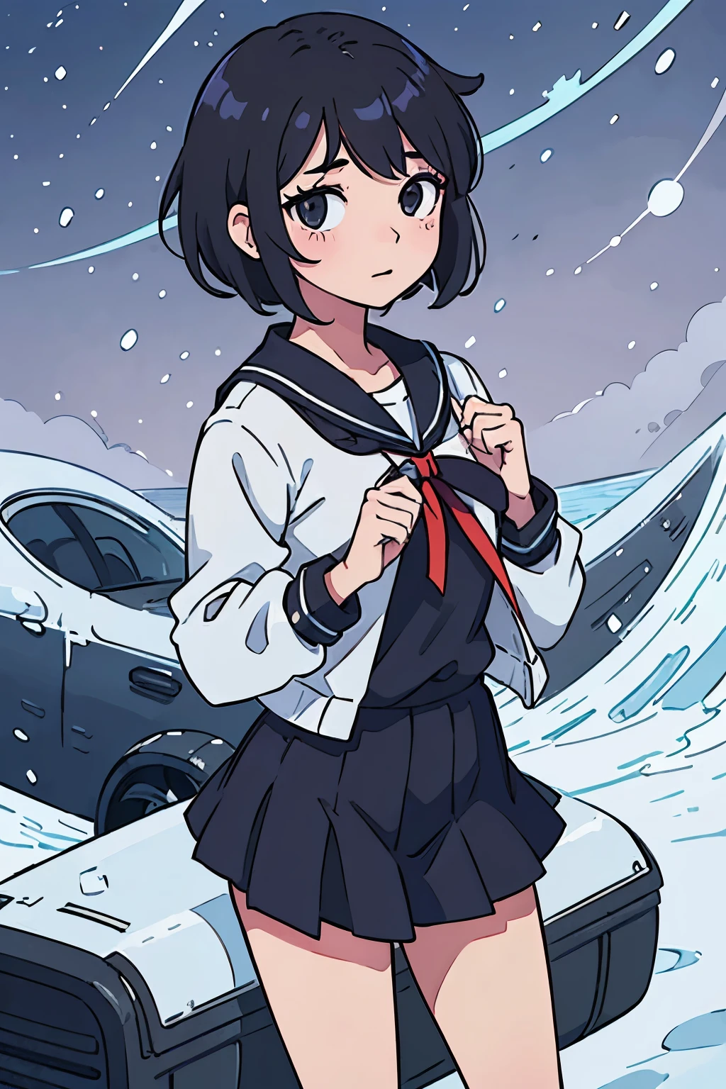 (best quality:0.8) perfect anime illustration, a pretty, black short hair, black eyes, winter sailor uniform, at school.