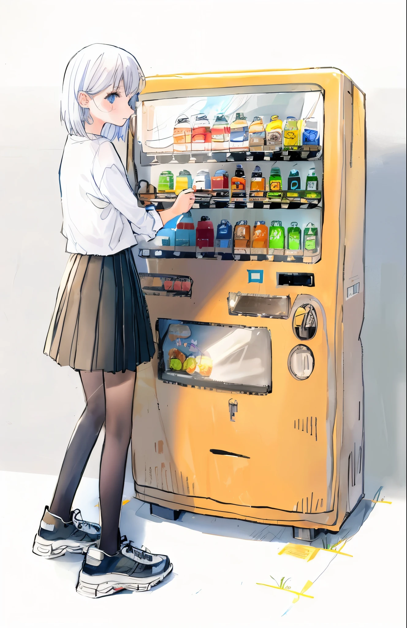 Contributor: tsvbvra, 1 girl, vending machine, skirt, shoes, alone, shirt, Are standing, holding, can, pleated skirt, Bottle, short hair
