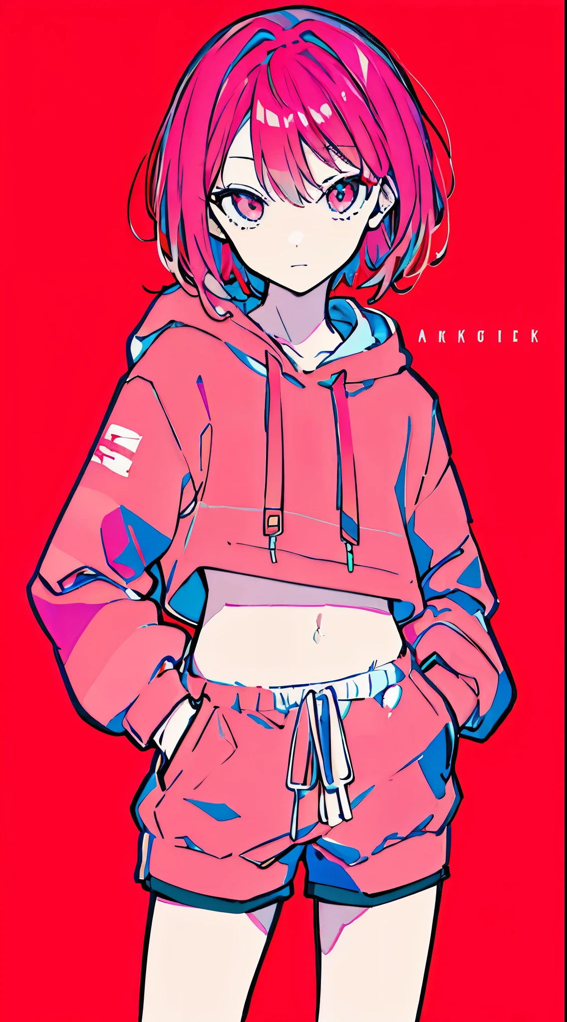 (masterpiece, highest quality:1.6), alone, thick outline, (simple background, red bright pink background, monochrome, bright bright pink theme:1.2), official art, Key Visual, 8K, confused, whole body, (Unique hair, oversized hoodie, hot pants, arch back, short torso:1.2), belly button, thighs, cowboy shot, HDR, sharp focus, High resolution, most detailed, very detailed, Super detailed, finely, detailed eyes and face, sharp pupils, realistic student, alone, pink and white contrast, alone, hands in pockets