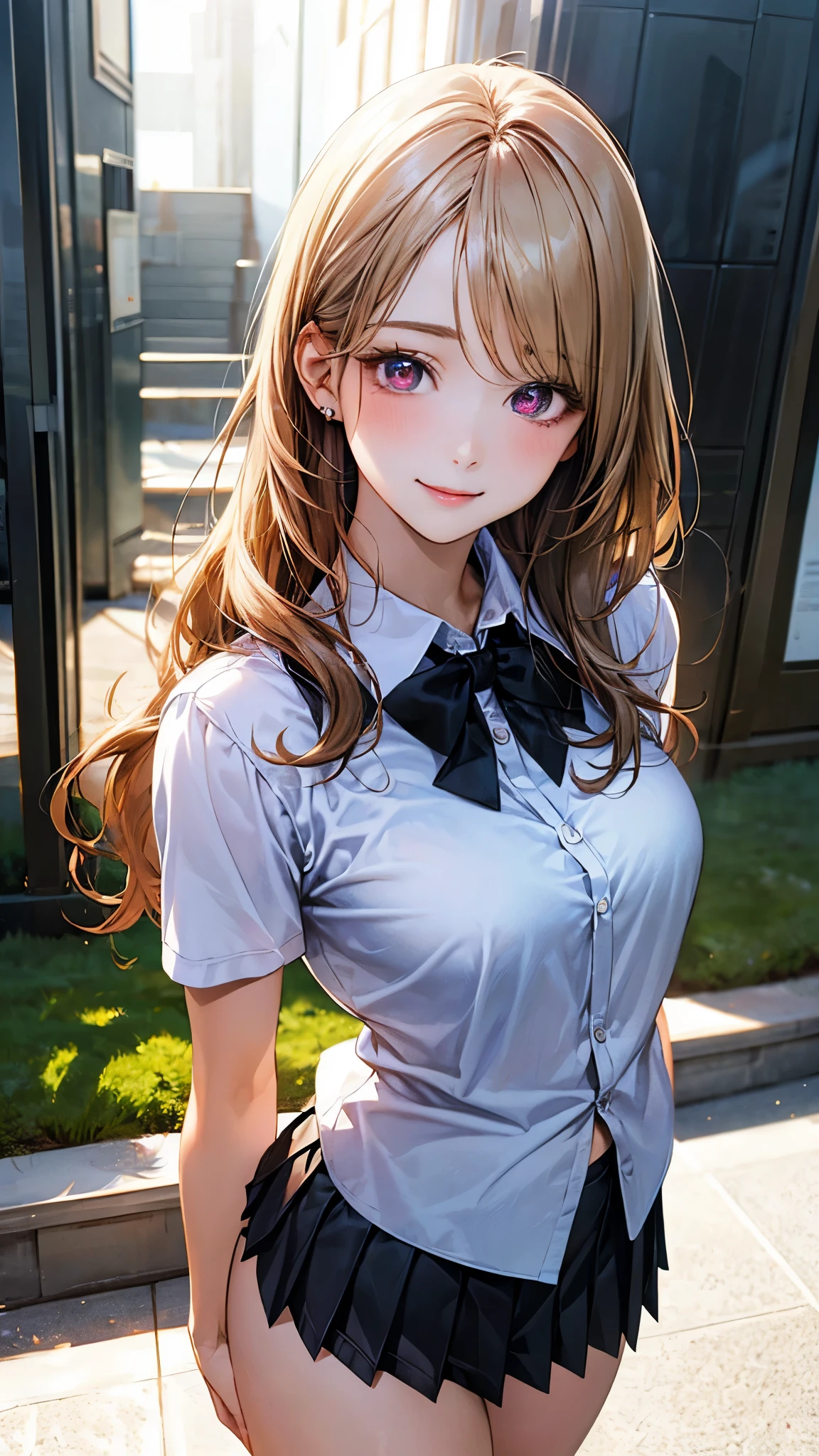 (masterpiece:1.2, top-quality), (realistic, photorealistic:1.4), beautiful illustration, (natural side lighting, movie lighting), nsfw,
looking at viewer, cowboy shot, front view:0.6, 1 girl, japanese, high school girl, perfect face, cute and symmetrical face, shiny skin,
(long hair:1.5, wavy hair:1.4, blond hair), swept bangs, dark red eyes, long eye lasher, (large breasts, thick thighs, big ass),
beautiful hair, beautiful face, beautiful detailed eyes, beautiful clavicle, beautiful body, beautiful chest, beautiful thigh, beautiful legs, beautiful fingers,
((white collared shirts, black pleated mini skirt), dark red bow tie),
(beautiful scenery), evening, riverside, standing, (lovely smile, upper eyes),