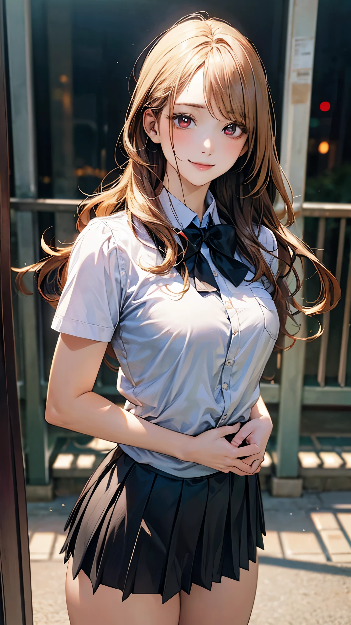(masterpiece:1.3, top-quality, ultra high resolution, ultra detailed), (realistic, photorealistic:1.4), beautiful illustration, perfect lighting, natural lighting, depth of fields, nsfw, 
beautiful detailed hair, beautiful detailed face, beautiful detailed eyes, beautiful clavicle, beautiful body, beautiful chest, beautiful thigh, beautiful legs, beautiful hands, white skin, shiny skin,
looking at viewer, 1 girl, high school girl, (perfect anatomy, anatomically correct, super detailed skin), cute and symmetrical face, babyface, perfect face, perfect eyes, outstanding style, 
(middle hair:1.2, side ponytail hair:1.4, copper tone hair), asymmetrical bangs, navy eyes, long eye lasher, (large breasts:0.8, seductive thighs), nipple hardening, slender, 
((detailed cloth texture, short sleeve white collared shirt, blue bow tie, dark blue pleated mini skirt), pink hair chouchou, choker, wrist chakra), 
(beautiful scenery), evening, (school rooftop), sitting on floor, leaning forward, hands on your knees, (lovely smile, upper eyes), 