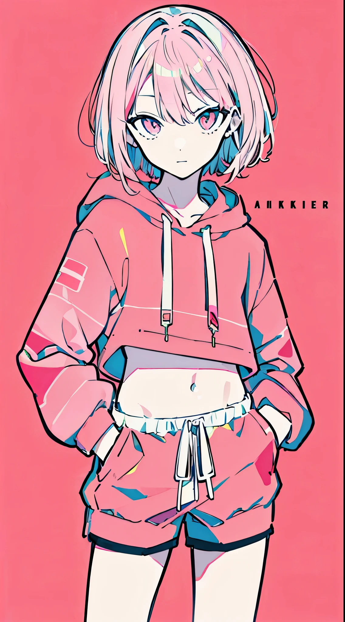(masterpiece, highest quality:1.6), alone, thick outline, (simple background, Dark pink background, monochrome, dark pink theme:1.2), official art, Key Visual, 8K, confused, whole body, (Unique hair, oversized hoodie, hot pants, arch back, short torso:1.2), belly button, thighs, cowboy shot, HDR, sharp focus, High resolution, most detailed, very detailed, Super detailed, finely, detailed eyes and face, sharp pupils, realistic student, alone, pink and white contrast, alone, hands in pockets
