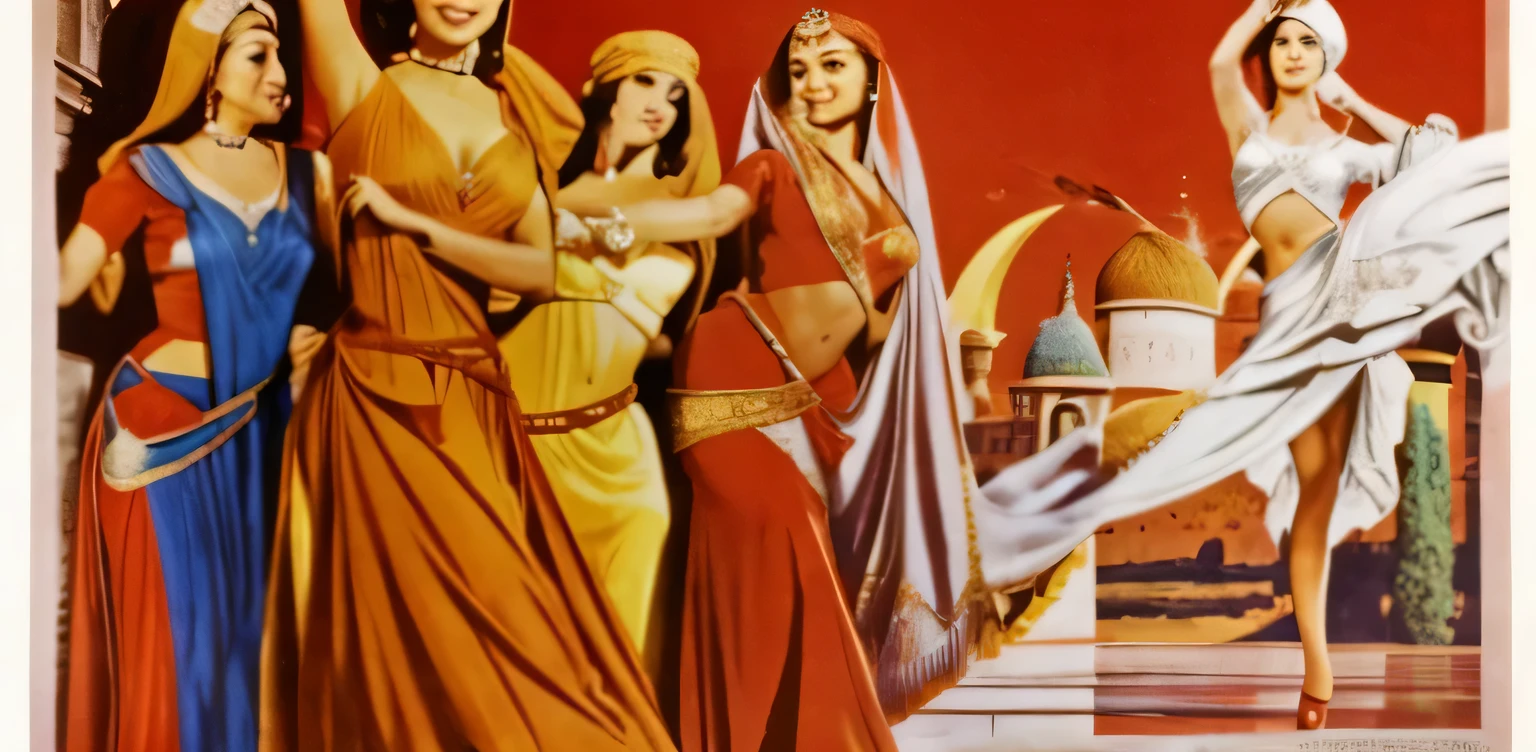 a photo of a woman in a red dress dancing with other women, computer graphics society trends, arabesco, Orientalismo dos anos 1960, Frank Frzetta, film poster photo, ainda de um filme de fantasia, cartaz de filme dos anos 1960