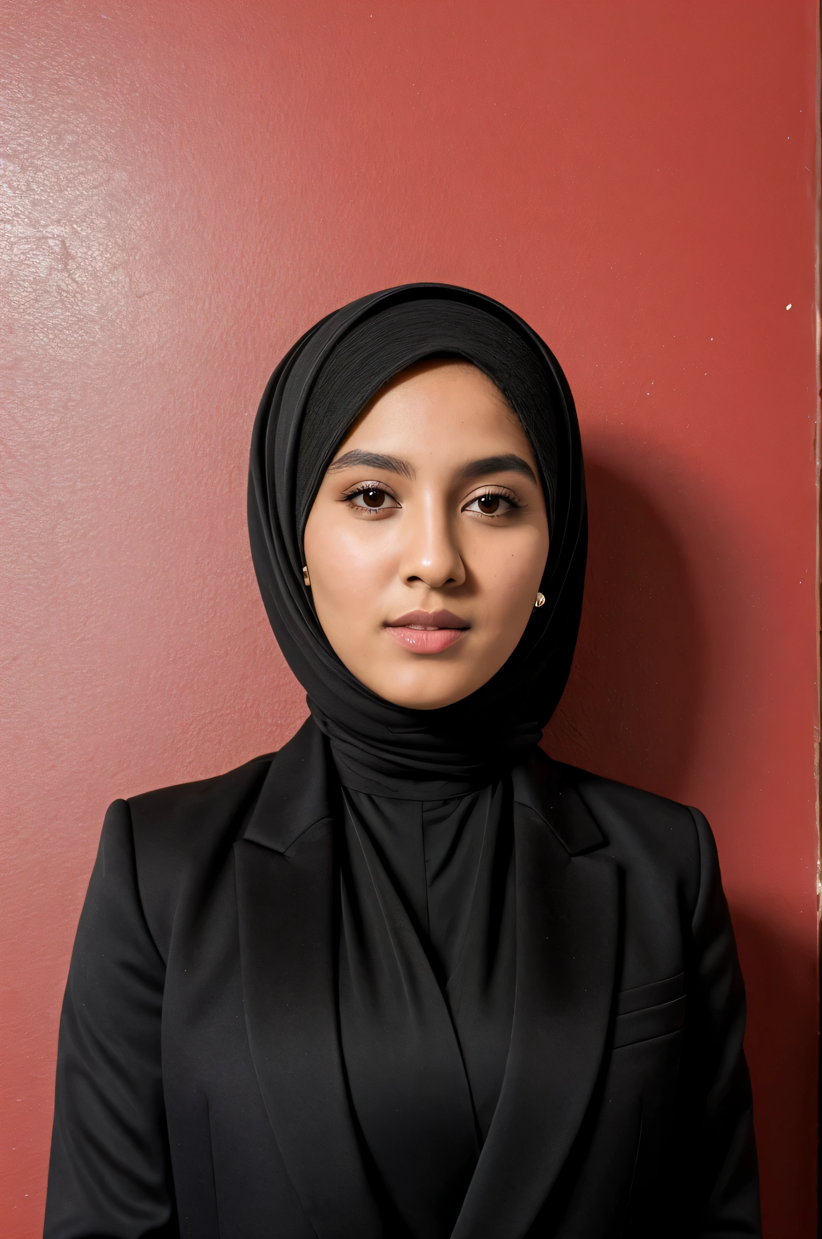 masterpiece, best quality, intricate detail, 1girl, black blazer, black hijab, looking at camera, pose for passport photo, red wall photostudio, photo id, masterpiece, best quality, ultra realistic