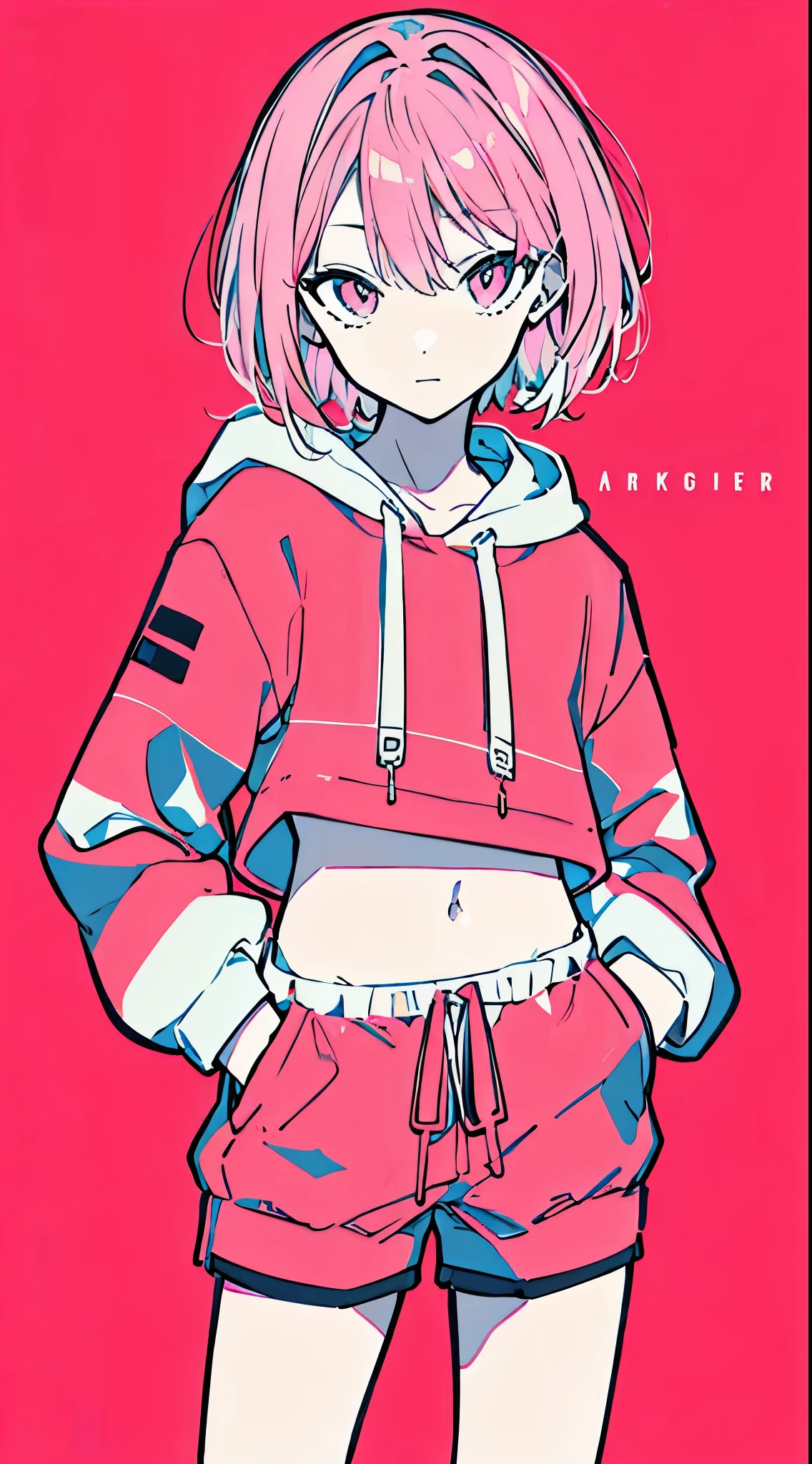 (masterpiece, highest quality:1.6), alone, thick outline, (simple background, Dark pink background, monochrome, dark pink theme:1.2), official art, Key Visual, 8K, confused, whole body, (Unique hair, oversized hoodie, hot pants, arch back, short torso:1.2), belly button, thighs, cowboy shot, HDR, sharp focus, High resolution, most detailed, very detailed, Super detailed, finely, detailed eyes and face, sharp pupils, realistic student, alone, pink and white contrast, alone, hands in pockets