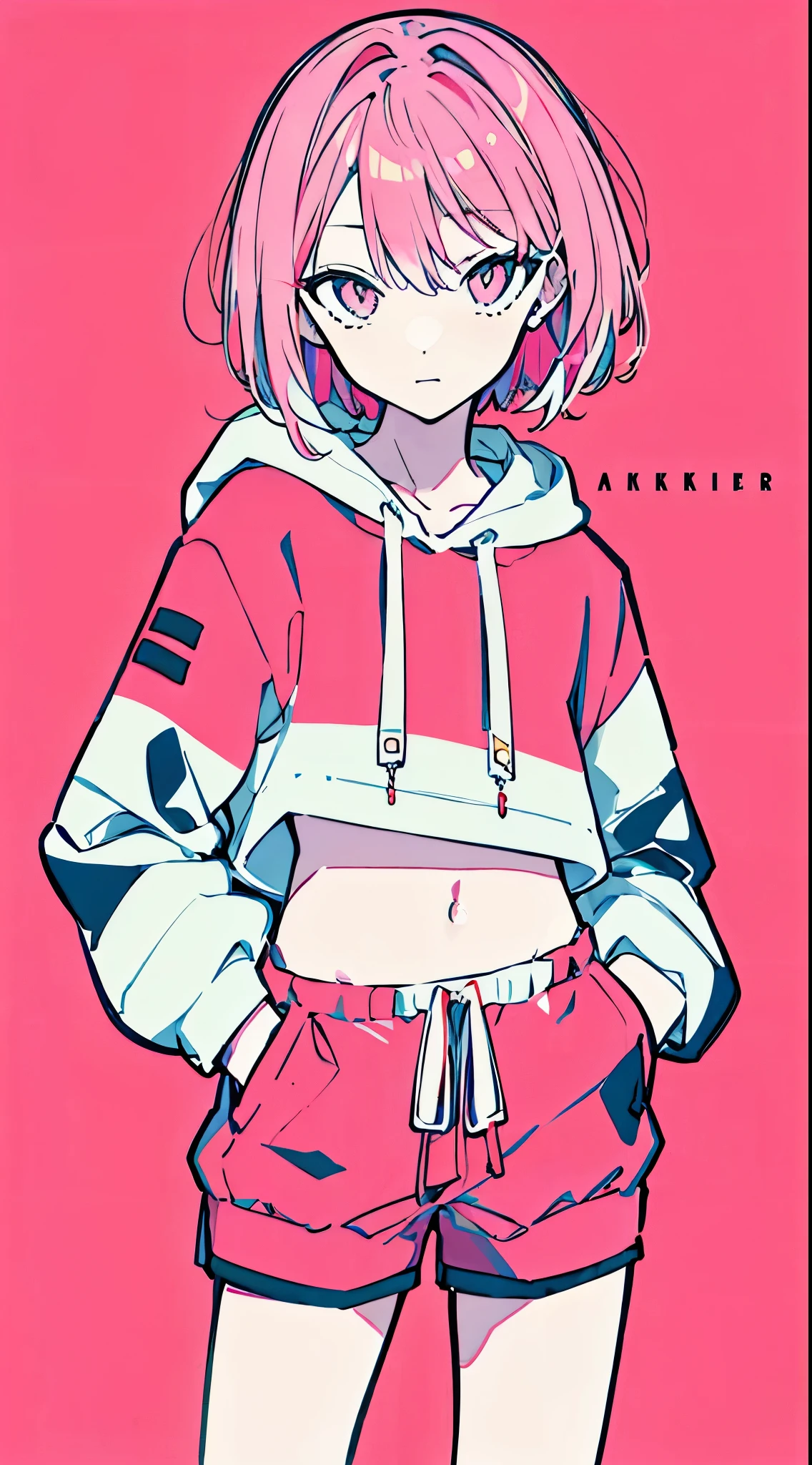 (masterpiece, highest quality:1.6), alone, thick outline, (simple background, Dark pink background, monochrome, dark pink theme:1.2), official art, Key Visual, 8K, confused, whole body, (Unique hair, oversized hoodie, hot pants, arch back, short torso:1.2), belly button, thighs, cowboy shot, HDR, sharp focus, High resolution, most detailed, very detailed, Super detailed, finely, detailed eyes and face, sharp pupils, realistic student, alone, pink and white contrast, alone, hands in pockets