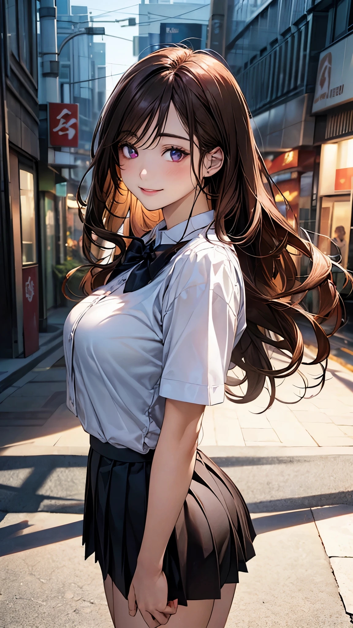 (masterpiece:1.2, top-quality), (realistic, photorealistic:1.4), beautiful illustration, (natural side lighting, movie lighting), nsfw,
looking at viewer, cowboy shot, front view:0.6, 1 girl, japanese, high school girl, perfect face, cute and symmetrical face, shiny skin,
(long hair:1.5, wavy hair:1.4, brown hair), swept bangs, dark purple eyes, long eye lasher, (large breasts, thick thighs, big ass),
beautiful hair, beautiful face, beautiful detailed eyes, beautiful clavicle, beautiful body, beautiful chest, beautiful thigh, beautiful legs, beautiful fingers,
((white collared shirts, black pleated mini skirt), dark red bow tie),
(beautiful scenery), evening, (city street),, standing, (lovely smile, upper eyes),