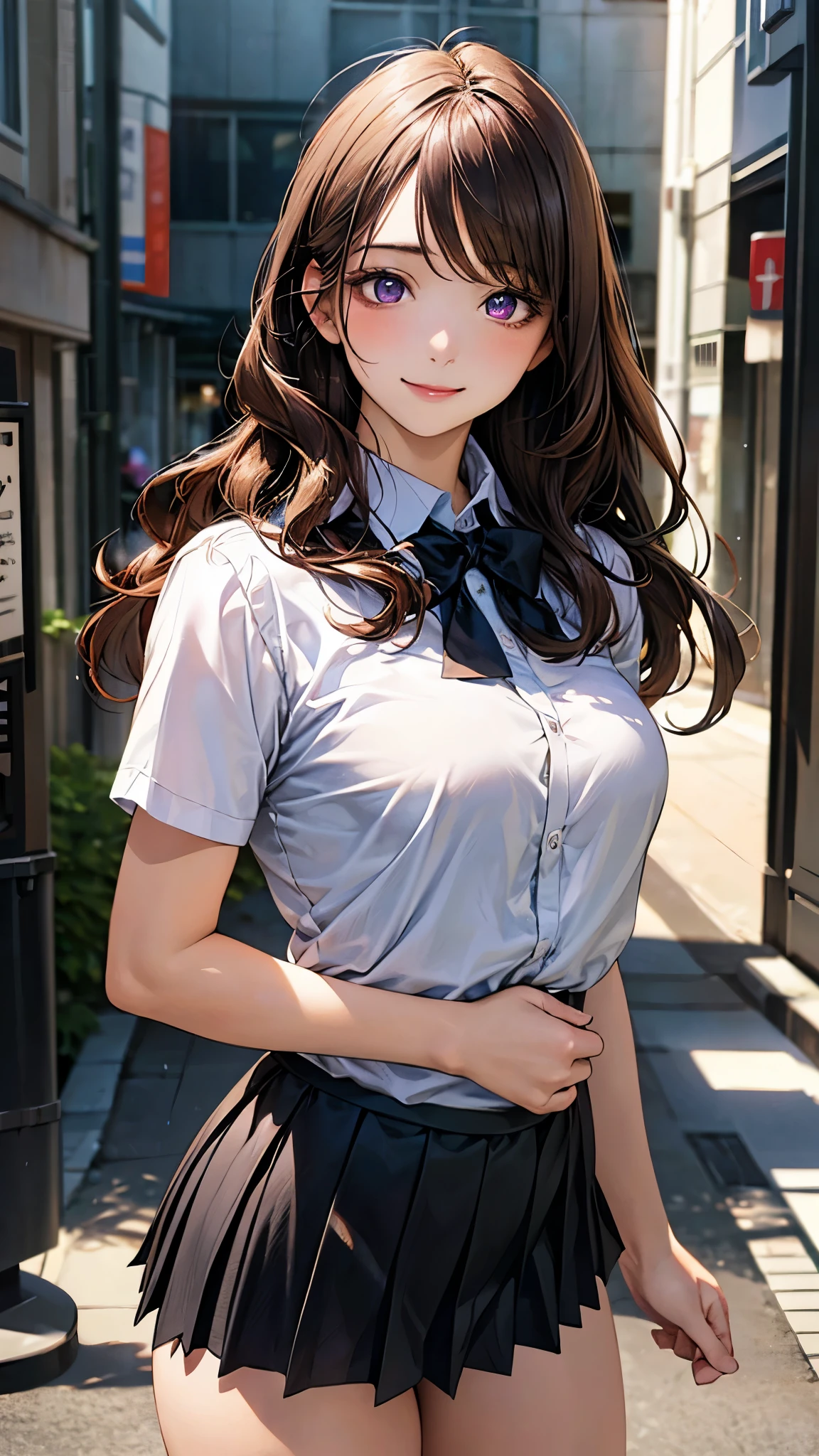 (masterpiece:1.2, top-quality), (realistic, photorealistic:1.4), beautiful illustration, (natural side lighting, movie lighting), nsfw,
looking at viewer, cowboy shot, front view:0.6, 1 girl, japanese, high school girl, perfect face, cute and symmetrical face, shiny skin,
(long hair:1.5, wavy hair:1.4, brown hair), swept bangs, dark purple eyes, long eye lasher, (large breasts, thick thighs, big ass),
beautiful hair, beautiful face, beautiful detailed eyes, beautiful clavicle, beautiful body, beautiful chest, beautiful thigh, beautiful legs, beautiful fingers,
((white collared shirts, black pleated mini skirt), dark red bow tie),
(beautiful scenery), evening, (city street),, standing, (lovely smile, upper eyes),