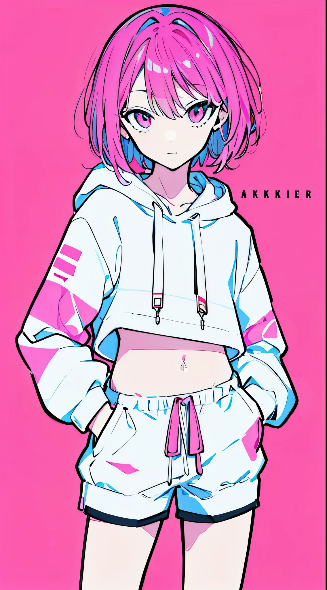 (masterpiece, highest quality:1.6), alone, thick outline, (simple background, Bright pink background, monochrome, bright pink theme:1.2), official art, Key Visual, 8K, confused, whole body, (Unique hair, oversized hoodie, hot pants, arch back, short torso:1.2), belly button, thighs, cowboy shot, HDR, sharp focus, High resolution, most detailed, very detailed, Super detailed, finely, detailed eyes and face, sharp pupils, realistic student, alone, pink and white contrast, alone, hands in pockets