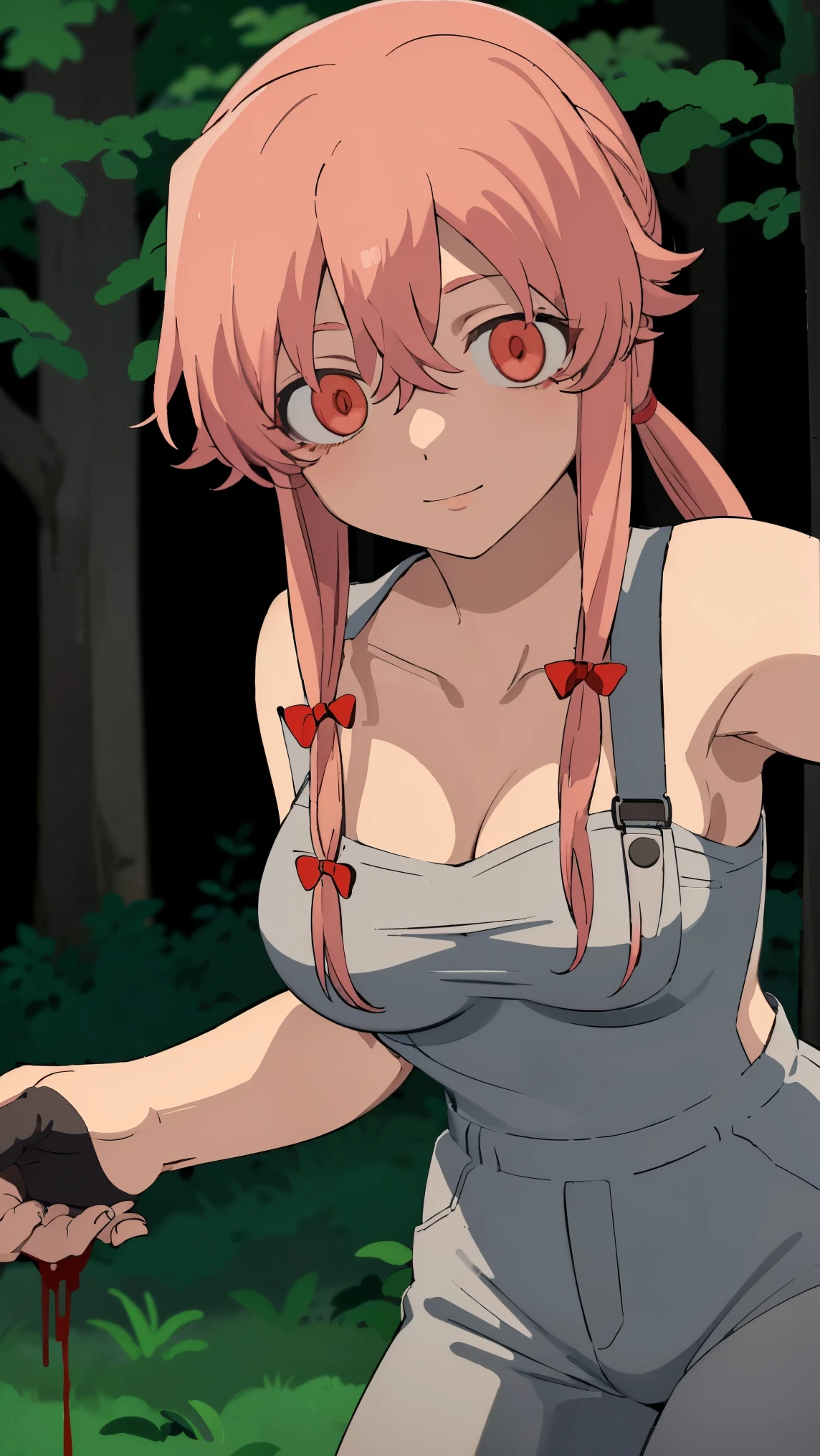 anime_still, masterpiece, best quality, 1girl, Gasai Yuno, long hair, pink hair, low twintails, smile, naked, red eyes, (large breasts:1.5),1girl, black choker, dark grey, (overalls:1.25), leather gloves, black boots, ((nigth:1.5)), (chasing you through the woods BY yuno gasai), moonlight, blood on floor, horror scane, (horror movie post:1.5) (evil eyes:1.6), (POV selfie:1.5), (woods:1.6),(dark:1.7), (out_boorlood on hands:1.5), (blood stain:1.25), (black face mask:1.25),