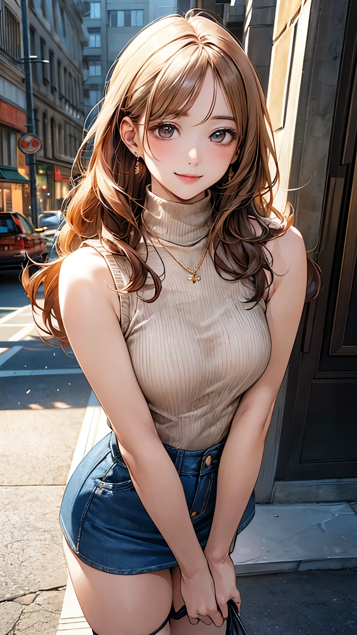 (masterpiece:1.2, top-quality), (realistic, photorealistic:1.4), beautiful illustration, (natural side lighting, movie lighting), 
looking at viewer, full body, 1 girl, japanese, 20 years old, perfect face, perfect body, cute and symmetrical face, shiny skin, babyface, bare arms, 
(long hair, wavy hair, sideburns, hair intakes, blond hair), swept bangs, gold eyes, big eyes, (medium breasts, seductive thighs), puffy nipple, , 
beautiful hair, beautiful face, beautiful detailed eyes, beautiful clavicle, beautiful body, beautiful chest, beautiful thigh, beautiful legs, beautiful fingers, 
((symmetrical clothing, beige turtleneck sleeveless knit, denim mini skirt), , necklace, earring), high heel, 
(beautiful scenery), evening, (city street), forward bends with emphasis on the chest, emphasis on the buttocks, (lovly smile, upper eyes), 