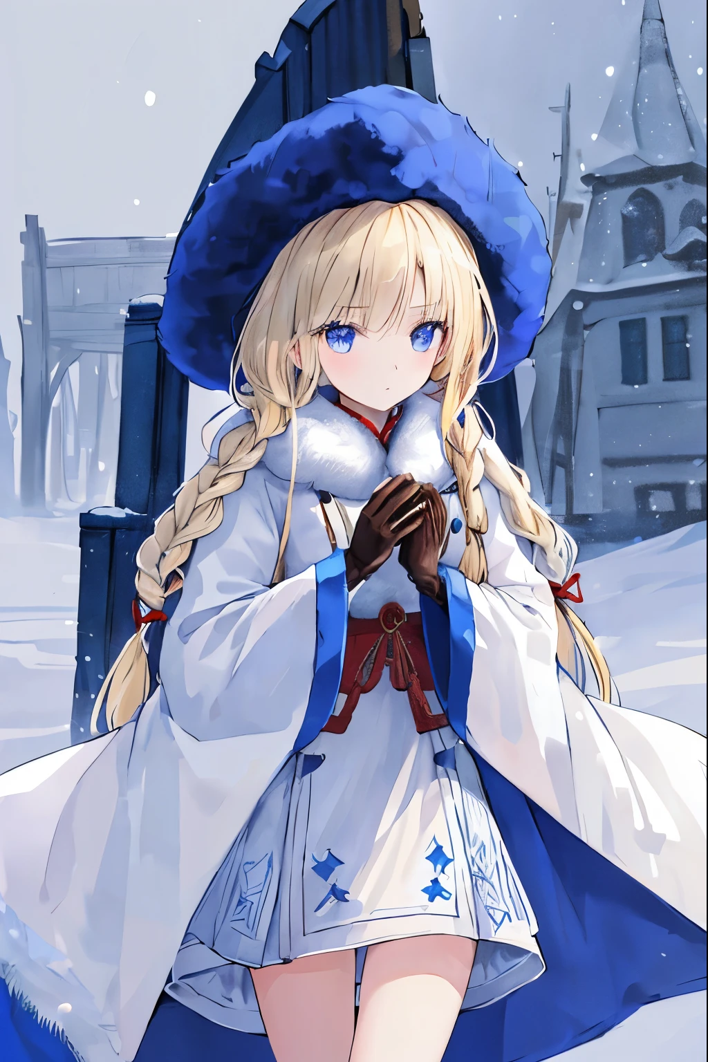 1Young blonde girl with long braids on books、The clothes are Shuba(russian fur cloak)、russian fur hat(No brim)、leather gloves、The colors are based on white and deep blue.、long coat trimmed with fur、snow、winter in russia、Prayer-like pose、