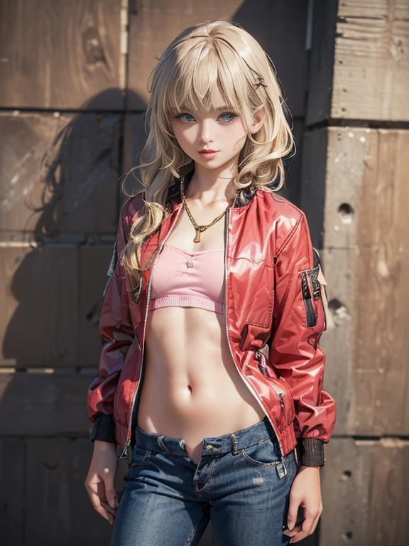 (best quality, 8k, highres, photorealistic:2.0), (solo, one girl:2.0),(lighting:front),(lighting: strong),(american beauty:2.0),(women of adult age:1.6),(girl is very muscular:1.5),(shiny skin:1.5),(oily skin:1.5),(platinum blonde hair color:1.5),(flat chest:1.5),(((small breasts))),(Photographed in the deserted slum of Detroit),(ultimate beautiful girl),(energetic woman),(hip hop dancer),(((low rise pants))),((track jacket zip full open)),(navel is visible),(abdomen is visible),(((hip hugging pants))),Blush brown makeup , dark eye makeup ,pink lipstick,(big eyes girl:1.3),(((girl's sexual charm))),(The girl's amazing sex appeal),(Open the bottom zipper1.6),(gold necklace)