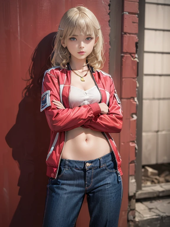 (best quality, 8k, highres, photorealistic:2.0), (solo, one girl:2.0),(lighting:front),(lighting: strong),(american beauty:2.0),(women of adult age:1.6),(girl is very muscular:1.5),(shiny skin:1.5),(oily skin:1.5),(platinum blonde hair color:1.5),(flat chest:1.5),(((small breasts))),(Photographed in the deserted slum of Detroit),(ultimate beautiful girl),(energetic woman),(hip hop dancer),(((low rise pants))),((track jacket zip full open)),(navel is visible),(abdomen is visible),(((hip hugging pants))),Blush brown makeup , dark eye makeup ,pink lipstick,(big eyes girl:1.3),(((girl's sexual charm))),(The girl's amazing sex appeal),(Open the bottom zipper1.6),(gold necklace)