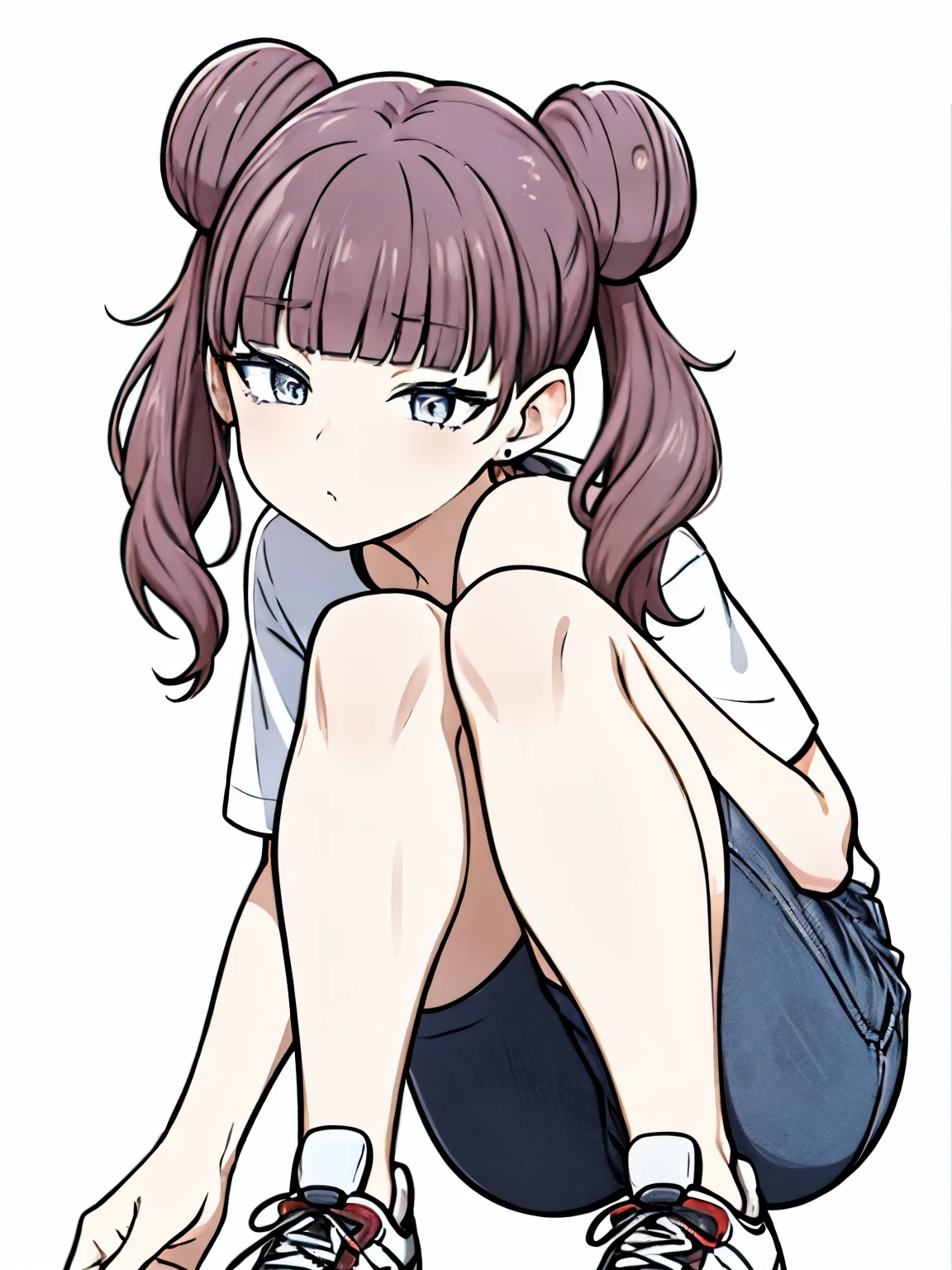 (masterpiece, best quality:1.2), (line drawing), ((monochrome)), Bun2Cartoon one woman with two hairstyles and short pigtails, (30 years old, Hair color is dark gray), long eyes, Simple short-sleeved T-shirt with no decorations, denim, sneakers, simple background