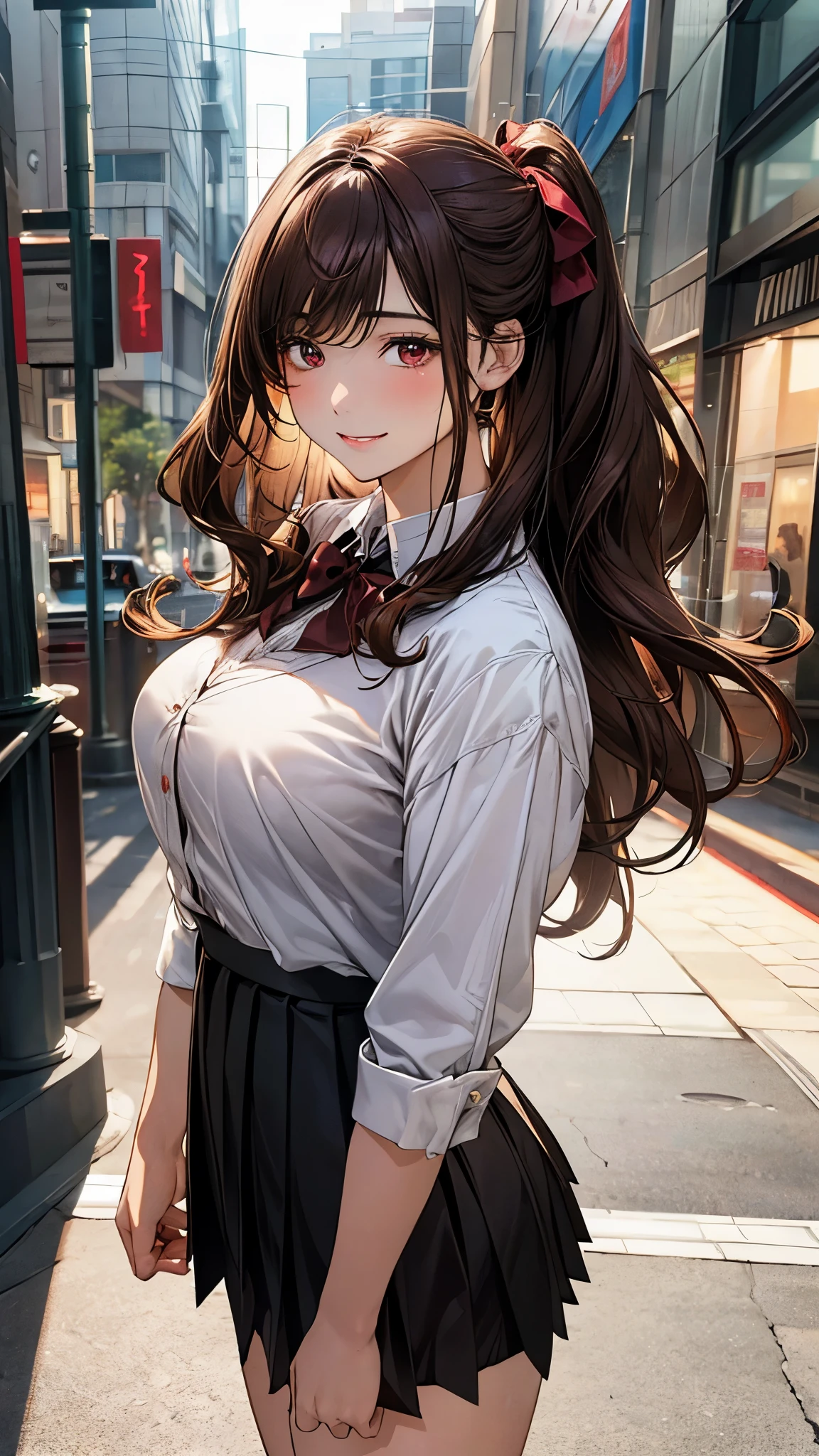 (masterpiece:1.2, top-quality), (realistic, photorealistic:1.4), beautiful illustration, (natural side lighting, movie lighting), nsfw, 
looking at viewer, cowboy shot, front view:0.6, 1 girl, japanese, high school girl, perfect face, cute and symmetrical face, shiny skin, 
(long hair:1.5, wavy hair:1.4, brown hair), swept bangs, dark red eyes, long eye lasher, (large breasts, thick thighs, big ass), 
beautiful hair, beautiful face, beautiful detailed eyes, beautiful clavicle, beautiful body, beautiful chest, beautiful thigh, beautiful legs, beautiful fingers, 
((white collared shirts, black pleated mini skirt, dark red bow tie)), 
(beautiful scenery), evening, (city street),, standing, (lovely smile, upper eyes), 