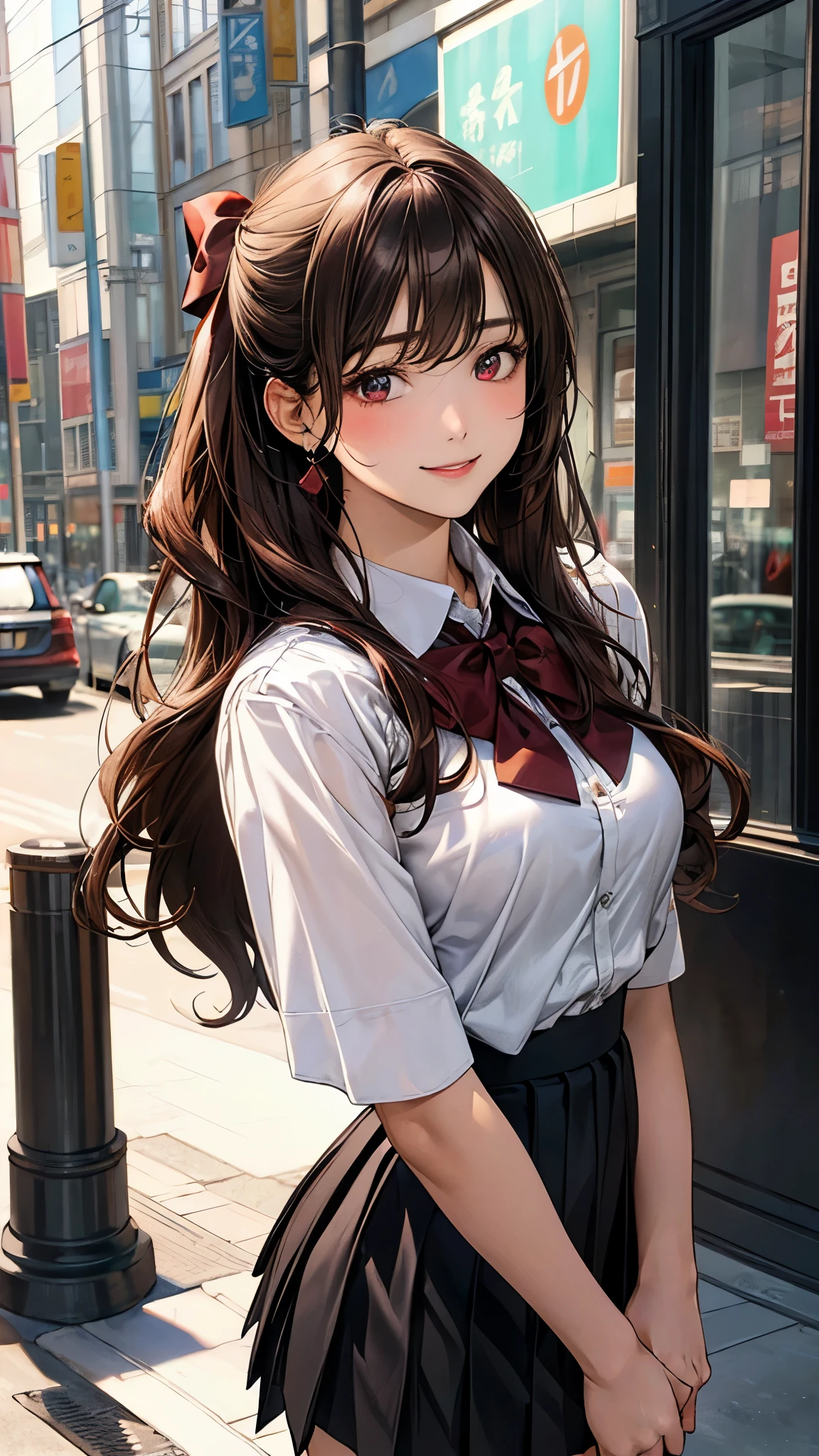 (masterpiece:1.2, top-quality), (realistic, photorealistic:1.4), beautiful illustration, (natural side lighting, movie lighting), nsfw,
looking at viewer, cowboy shot, front view:0.6, 1 girl, japanese, high school girl, perfect face, cute and symmetrical face, shiny skin,
(long hair:1.5, wavy hair:1.4, brown hair), swept bangs, dark red eyes, long eye lasher, (large breasts, thick thighs, big ass),
beautiful hair, beautiful face, beautiful detailed eyes, beautiful clavicle, beautiful body, beautiful chest, beautiful thigh, beautiful legs, beautiful fingers,
((white collared shirts, black pleated mini skirt, dark red bow tie)),
(beautiful scenery), evening, (city street),, standing, (lovely smile, upper eyes),