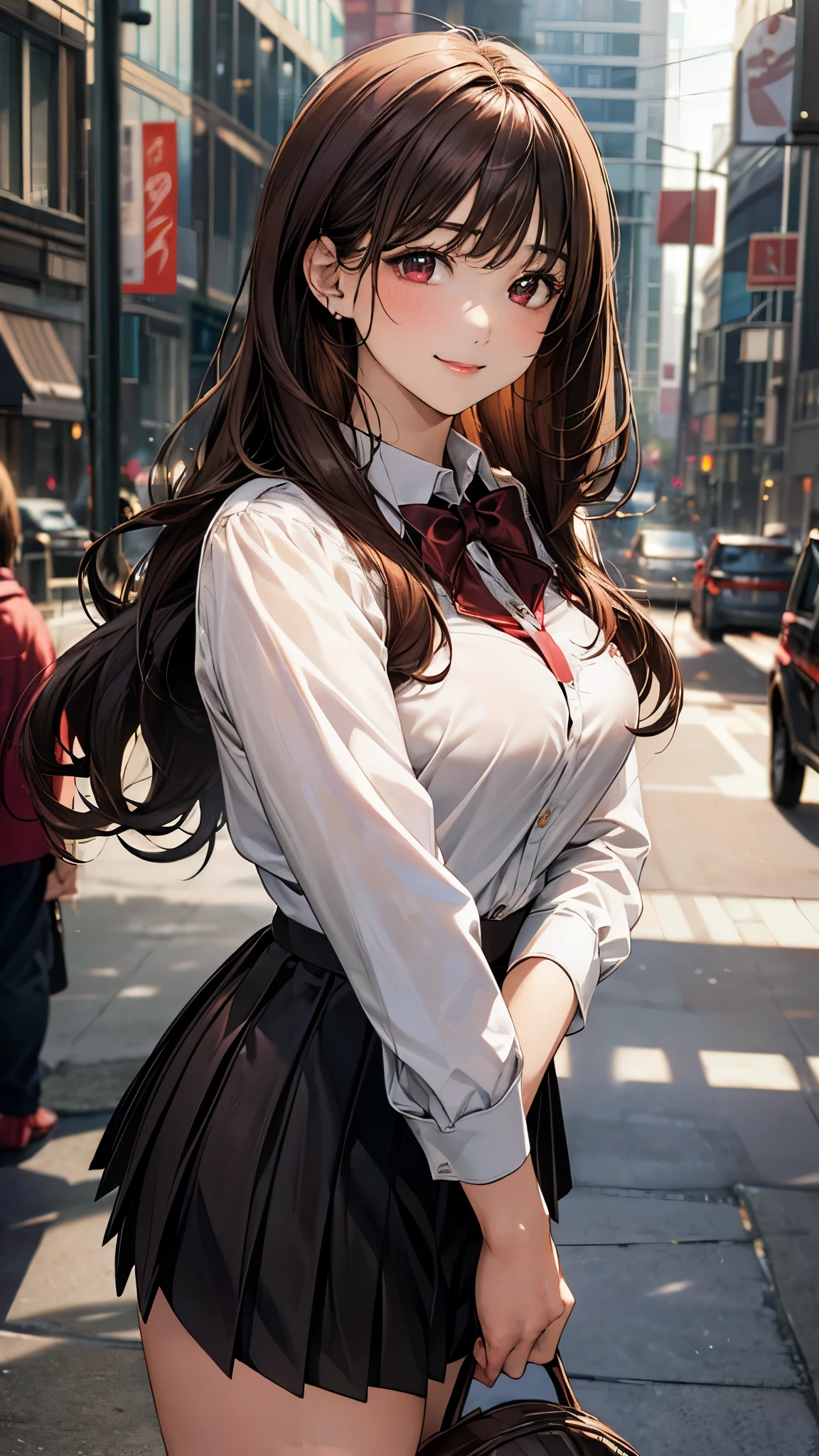 ((highest quality, High resolution, Perfect Pixel, 4K))), 1 female, Beautiful woman、I could see the whole body、go down the subway stairs、lots of commuters、 ((ponytail, bangs, Brown Hair)), ((Brown eyes, Beautiful eyelashes, Realistic eyes)), ((Detailed face, blush:1.2))、((Anime CG Style)), beautiful and big breasts、Perfect body, ((Red bow tie, Black open jacket, White shirt, Checked mini skirt)), Embarrassed expression、 (The wind is blowing my skirt away:1.3)、No pants、 diagonal side angle, Dynamic Angle、Naughty wind