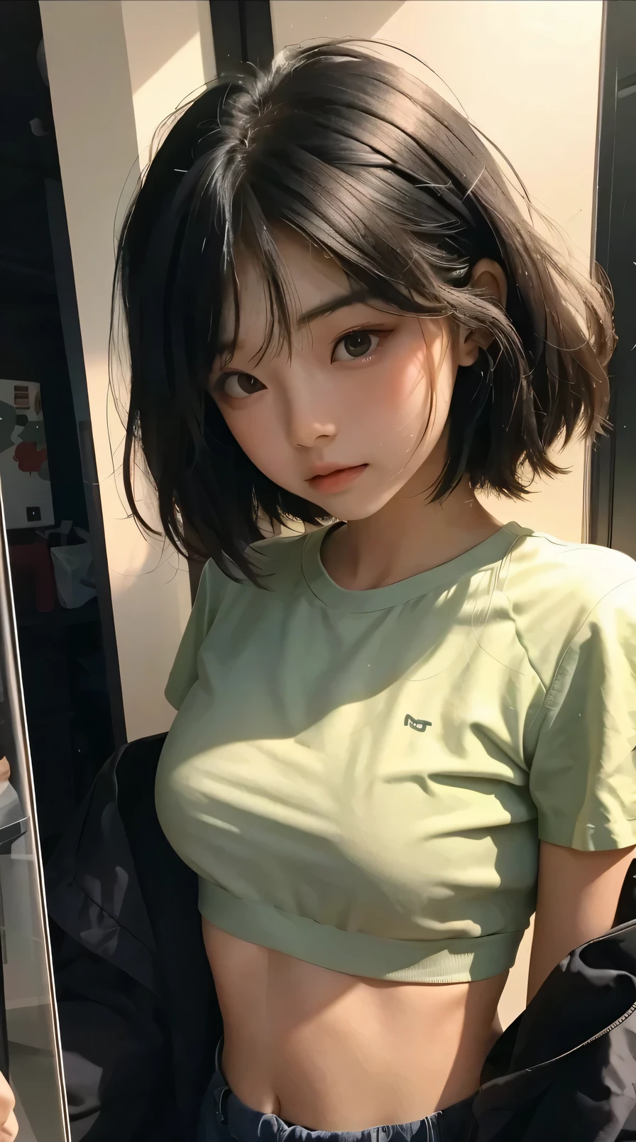 best qualtiy，tmasterpiece，超高分辨率，（Fidelity：1.4），RAW photogr，1girll，Sexy eyes，Extra-cropped crop top，No shoulders，cinmatic lighting，high detal