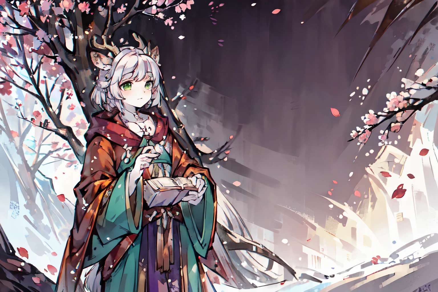 ink style，a white deer，antlers，plum tree，Plum petals，plum blossom branch，Stand by the tree，green-shirt，long cloak，Flowing cloak，Cute Shota，Flute in hand，green eyes，Moderate，Orange trees，The trees are full of oranges，There is a book next to you，mountains，white hair，Purple left sleeve，Orange right sleeve，Glittering starry sky，Falling leaves，mountain river，white hair
