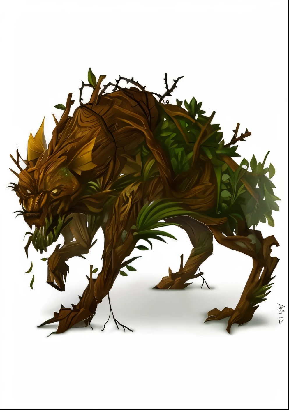 **Image Creation Prompt - Fruitful Bush Monster:**
*Create an image that brings to life the grandeur and monstrous nature of the Fruiting Bush. Explore the unique fusion of leaves and roots forming arms, pernas e um rosto expressivo. Highlight the bush monster's face, revealing a mysterious and intriguing expression, capturing the duality between his serene appearance and his true nature as a magical and unpredictable being. Use detailed textures to convey the tactile sensation of leaves and roots, e experimente com sombras profundas para criar uma atmosfera que realce o seu lado mais monstruoso. Explore the idea of how this unique and unusual creature stands out among the vegetation of the enchanted forest.*