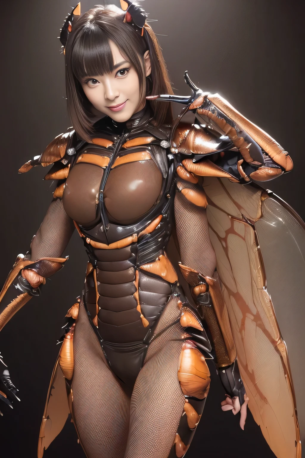 (High resolution,masterpiece,highest quality,Very detailed CG, anime, official art:1.4), realistic, photograph, amazing detail, all complicated, luster and luster,great many layers, 8k wallpaper, 3D, sketch, cute, figure,( alone:1.4), perfect female proportions,villain's daughter, (Fusion of dark brown cockroach and lady:1.4), (brown cockroach form lady:1.2), (brown cockroach woman:1.2), (Fusion:1.2), (alone:1.4), (evil smile:1.2), muscular, abs, (Cockroach brown exoskeleton bio insect suit:1.4), (Cockroach brown exoskeleton bio insect armor:1.2), (brown transparent cockroach feathers:1.4), (brown cockroach antenna:1.3),