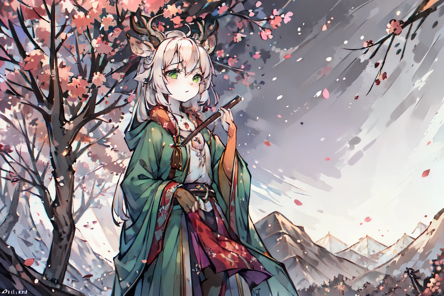 ink style,a white deer,antlers,plum tree,Plum petals,plum blossom branch,Stand by the tree,green-shirt,long cloak,Flowing cloak,Cute Shota,Flute in hand,green eyes,Moderate,Orange trees,The trees are full of oranges,There is a book next to you,mountains,white hair,Purple left sleeve,Orange right sleeve,Glittering starry sky,Falling leaves,mountain river,white hair