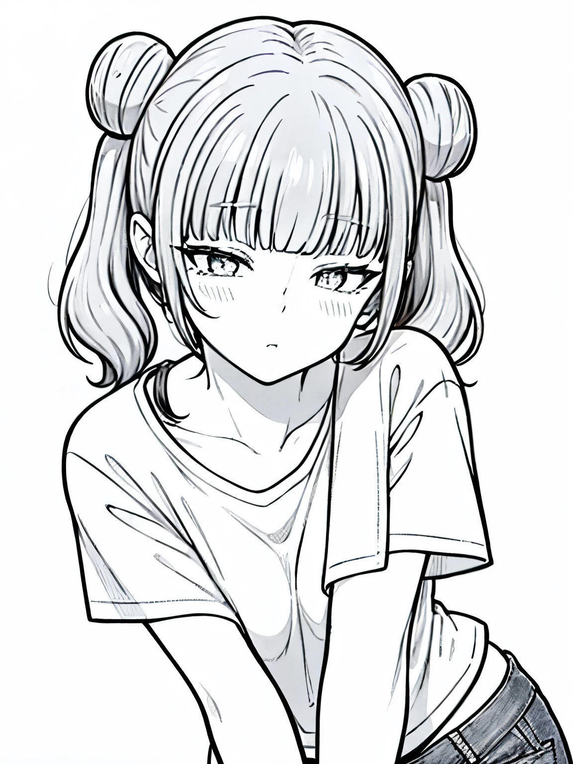 (masterpiece, best quality:1.2), (line drawing), ((monochrome, black and white)), Bun2Cartoon one woman with two hairstyles and short pigtails, (30 years old, Hair color is dark gray), long eyes, Simple short-sleeved T-shirt with no decorations, denim pants, wearing jeans, simple background