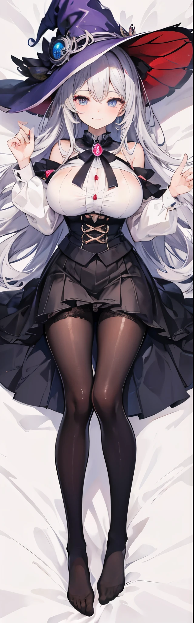 masterpiece, best quality,ultra detailed,
anime moe art style,ultra detailed face,
Perfect Anatomy,complete fingers,
full body,dakimakura illumination,
1 gyaru girl,
messy curly ravishing silver super long hair,
half-open-eyes with heart-shaped pupils,
huge large breasts silhouette,frilled impossible clothes,
blouse,skirt,pantyhose,witch-hat,
teasing smile,