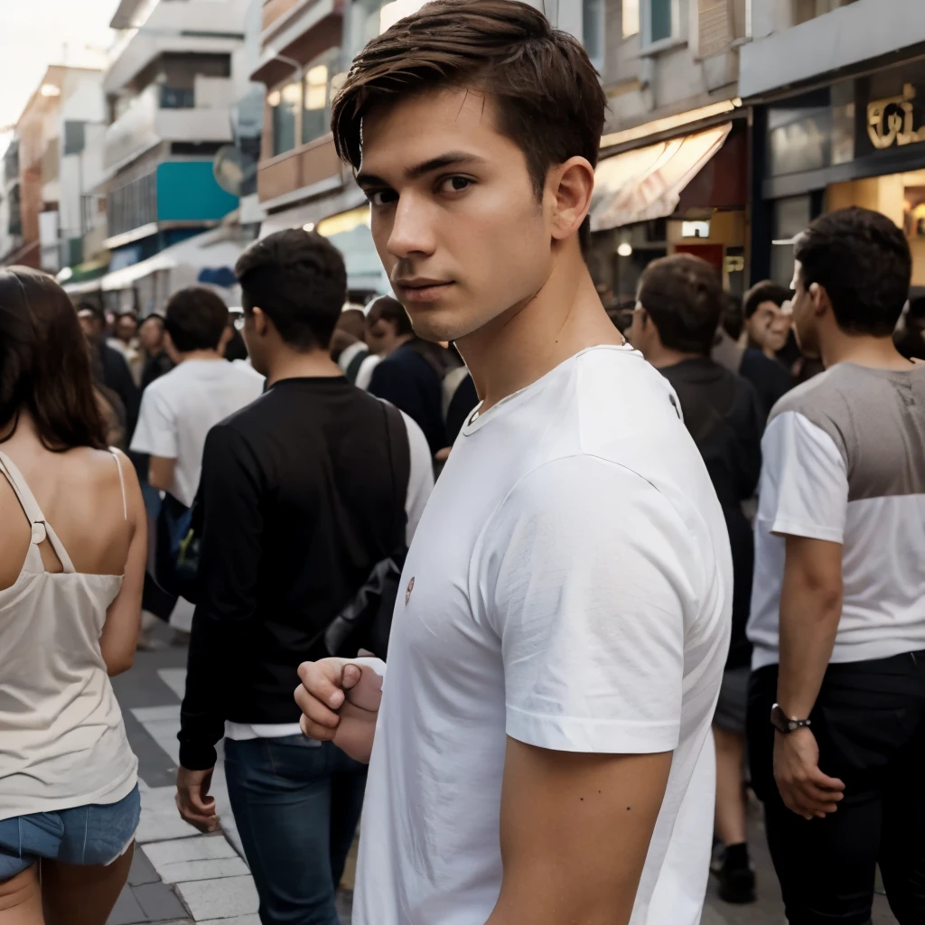 Vista desde un plano superior, a thin 29 year old young man, piel blanca, short brown hair, ropa casual, walking surrounded by a crowd and yet he finds himself alone.