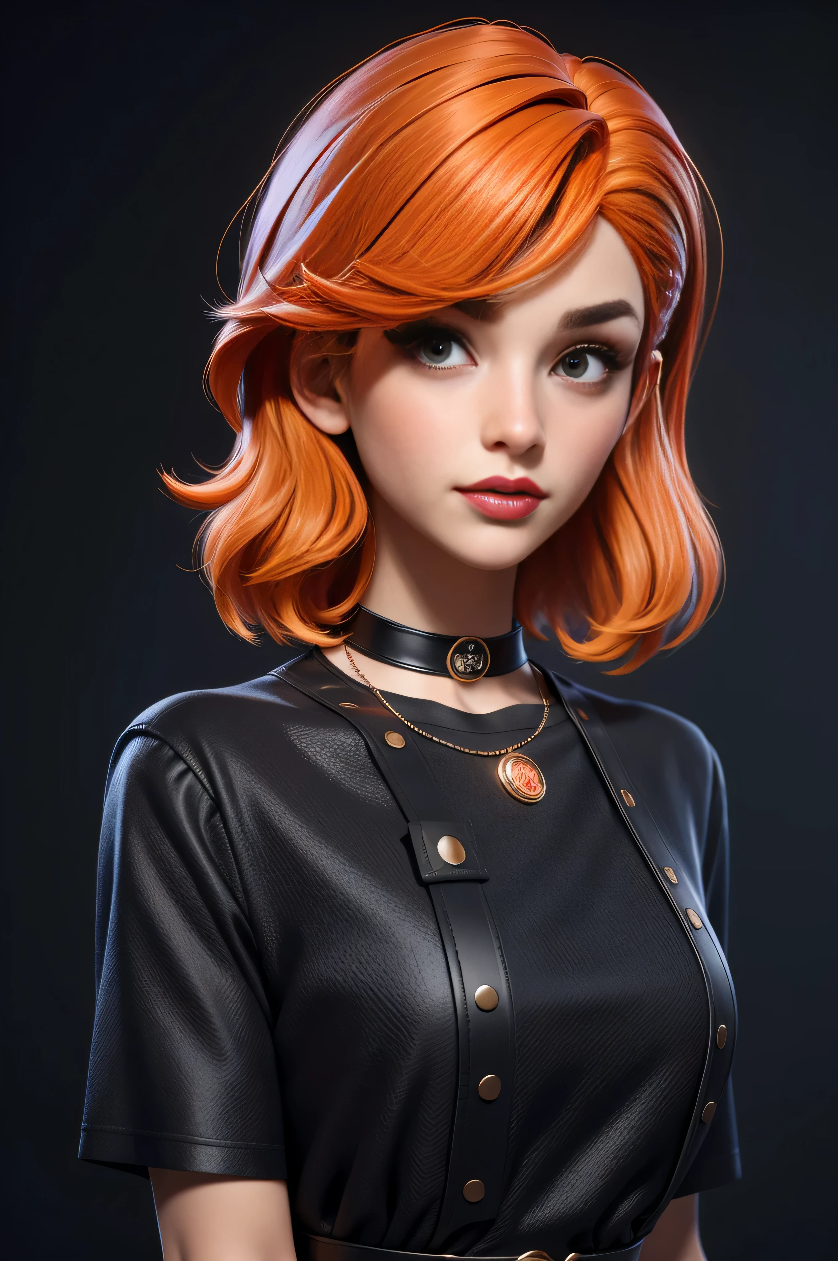 masterpiece, best quality,3d rending work ,3DMM style,close-up,portrait, 3D,1man, solo, multicolored hair, orange hair, black hair, necklace, freckles, jewelry, two-tone hair, looking to the side, realistic, upper body, simple background, bangs, looking away, short hair, parted lips, black eyes, lips, gothic, choker, makeup, mole, black shirt, shirt, watermark