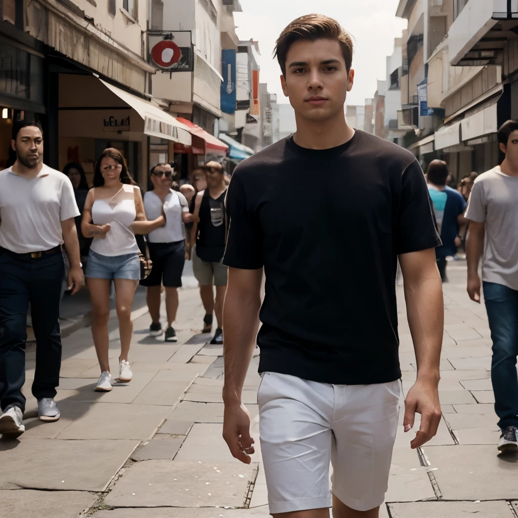 Vista desde un plano superior, a thin 29 year old young man, piel blanca, short brown hair, ropa casual, walking surrounded by a crowd and yet he finds himself alone.