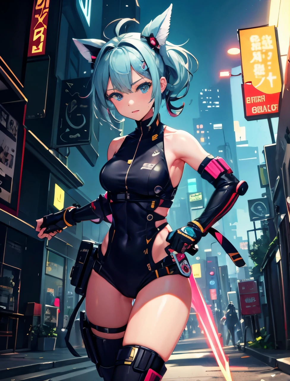 masterpiece, 1girl ((20year old, futuristic bodysuit armor, knee-high boots, medium breasts, multicolor pink hair, twin ponytails, green eyes, flirting, happy, big smile, headphones, standing in the street of a SCI-FI futuristic and modern street, neon lights and towering skyscrapers, futuristic and energetic atmosphere)) ((nighttime))