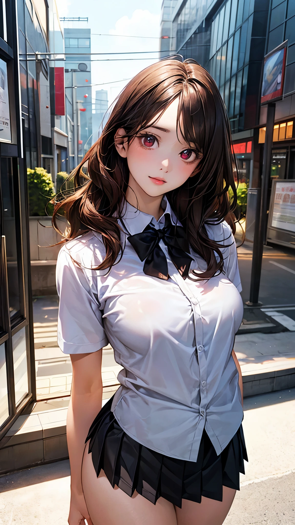 (masterpiece:1.2, top-quality), (realistic, photorealistic:1.4), beautiful illustration, (natural side lighting, movie lighting), nsfw,
looking at viewer, cowboy shot, front view:0.6, 1 girl, japanese, high school girl, perfect face, cute and symmetrical face, shiny skin,
(long hair:1.5, wavy hair:1.4, brown hair), swept bangs, dark red eyes, long eye lasher, (large breasts, thick thighs, big ass),
beautiful hair, beautiful face, beautiful detailed eyes, beautiful clavicle, beautiful body, beautiful chest, beautiful thigh, beautiful legs, beautiful fingers,
((white collared shirts, black pleated mini skirt, dark red bow tie)),
(beautiful scenery), evening, (city street),, standing, (neutral),