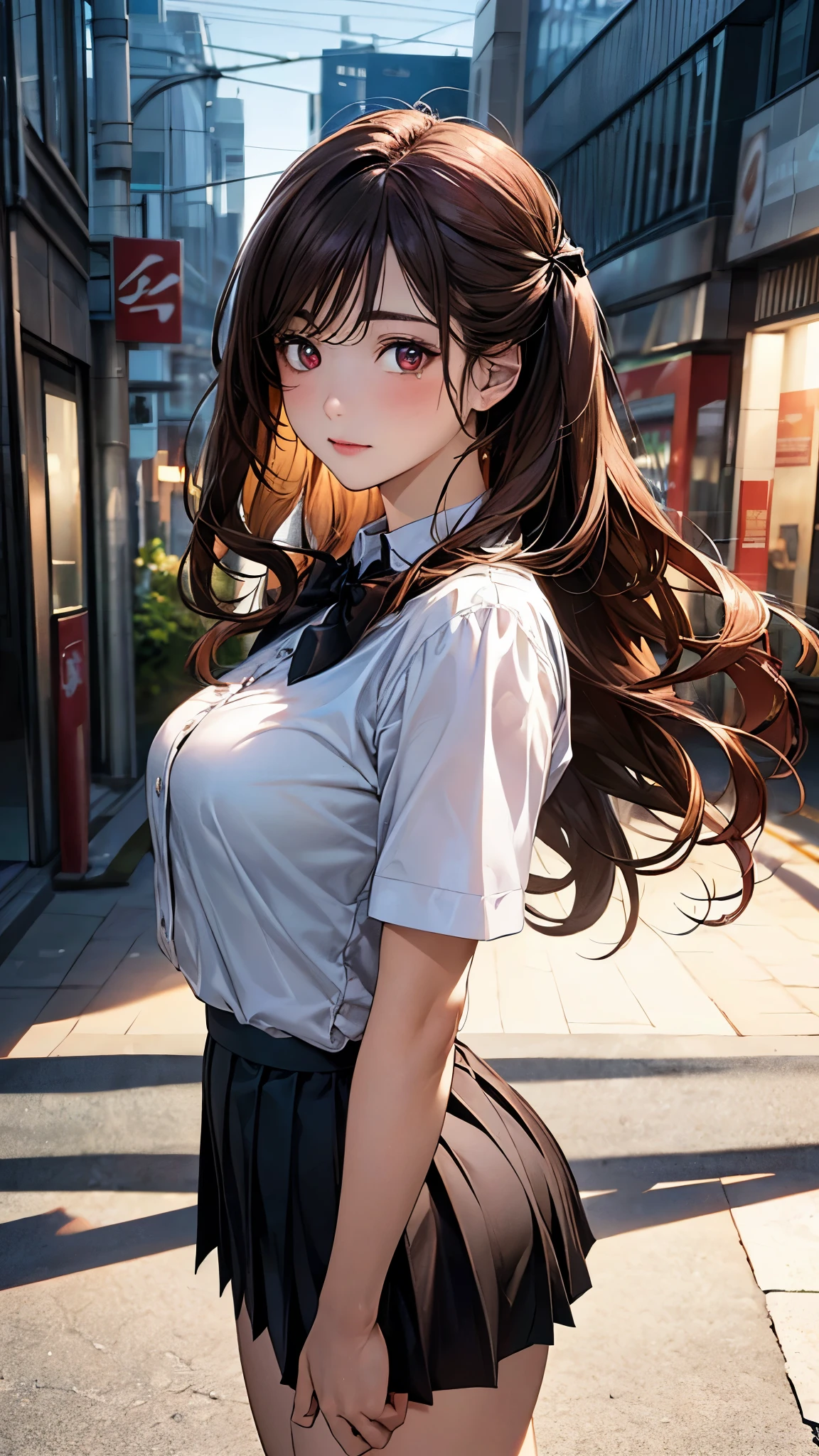 ((Tabletop, Highest quality, High resolution, Hmph, Pixel perfect,  4K, Hmph, Hmph))), One Girl, single, alone, Beauty、The whole body is visible、 ((Short Wavy Hair, bangs, Brown Hair)), ((Brown eyes, Beautiful eyelashes, Realistic eyes)), ((Detailed face, Blushing:1.2)), ((Smooth texture:0.75, Realistic texture:0.65, Realistic:1.1, Anime CG Style)), Medium chest, Dynamic Angle, Perfect body,  ((Red bow tie, , , White shirt, Black Skirt, Checked skirt))、Station stairs、the wind is strong、Very embarrassing panic smile、looked back、I can see her ass sticking out in front of me........、Looking up from the bottom of the stairs、 (The wind blew up her skirt、Touch the skirt with both hands、、I can see the whole butt、Pink floral panties)、
