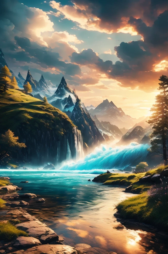 masterpiece, 最high quality, high quality, very detailed CG unity 8k wallpaper, scenery, outdoor, null, cloud, Day, there are no humans, Mountain, landscape, water, wood, blue null, waterfall, cliff, nature, lake, river, cloudy null,award winning photography, Bokeh, Depth of bounds written, HDR, bloom, chromatic aberration ,realistic,very detailed, Trending with ArtStation, trending on cgsociety, Complex, high detail, dramatic, The Art of Mid-Journey