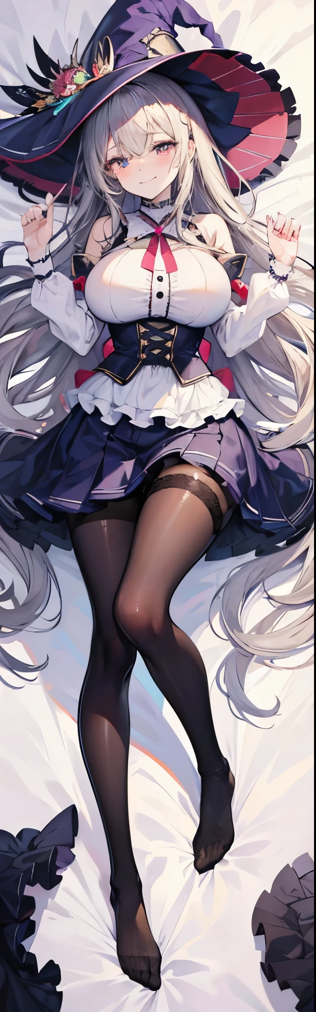 masterpiece, best quality,ultra detailed,
anime moe art style,ultra detailed face,
Perfect Anatomy,complete fingers,
full body,dakimakura illumination,
1 gyaru girl,
messy curly ravishing silver super long hair,
half-open-eyes with heart-shaped pupils,
huge large breasts silhouette,frilled impossible clothes,
blouse,skirt,pantyhose,witch-hat,
teasing smile,