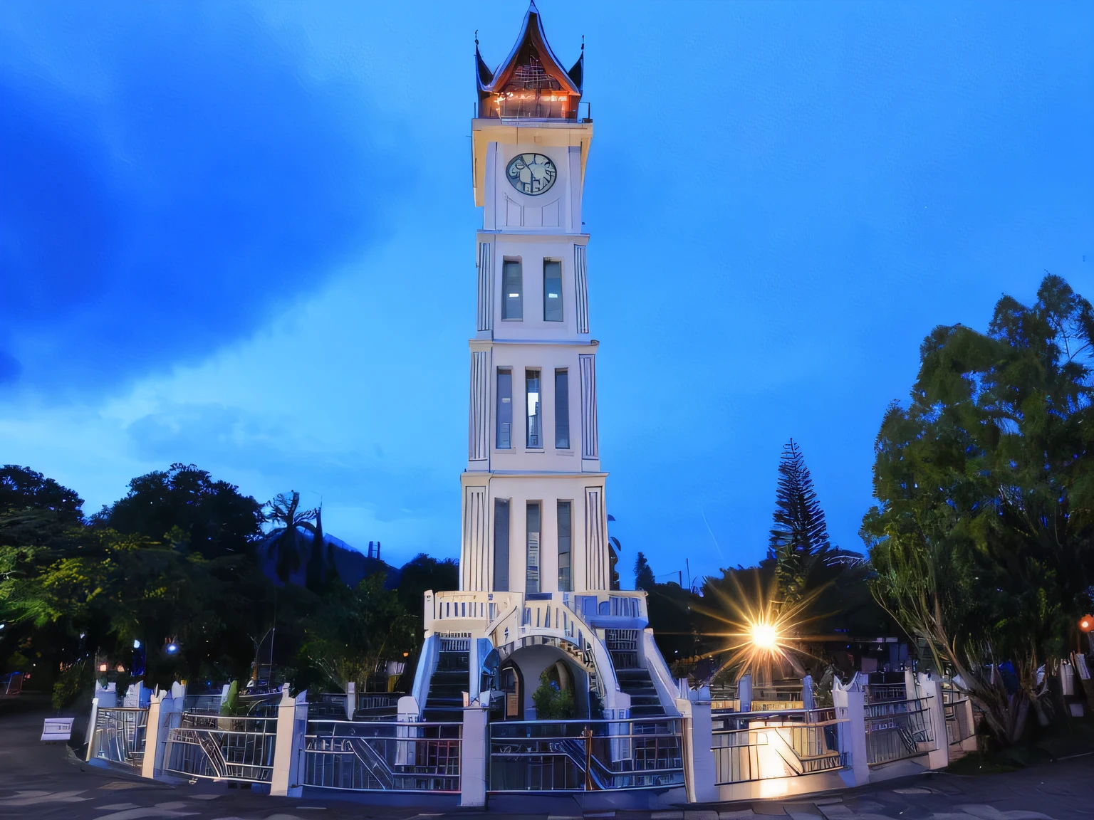 clock tower in Bukittinggi, Indonesia. Gadang Clock. It stands prominently against the early evening sky. Trees and foliage add a natural touch to the scene.