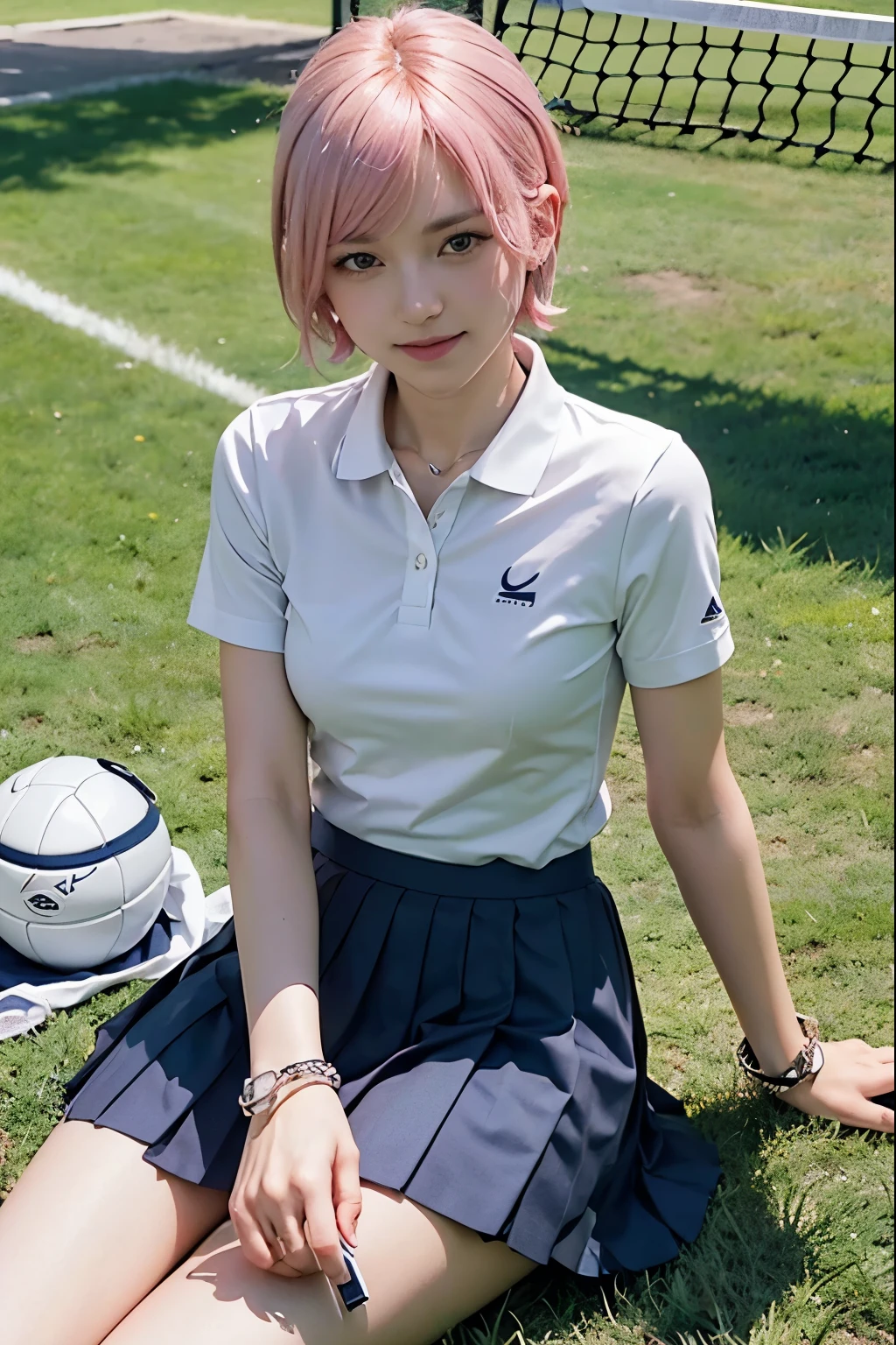 (8K, top-quality, masterpiece:1,2), (reallistic, Photorealsitic:1.37), Super Detail, One girl,), (Highly detailed), (beautifully detailed eyes), (of the highest quality), (super detailed ), (masterpiece), (Detailed face),20yr old, ,1 girl, ((pink hair,Very short hair)), medium breasts, clothed, Perfect Lighting, (white polo shirt with navy lines on collar and cuffs:1.3), (white pleated skirt with navy line on hem:1.3), fit and flare silhouette, holding tennis racket and ball, sponsor logo on chest, (white ankle socks with navy line on top:1.2), (white sneakers with navy swoosh mark:1.2), white hairband, white wristwatch, BREAK smiling, holding tennis racket and ball, green grass, white net, sunlight, no shadow