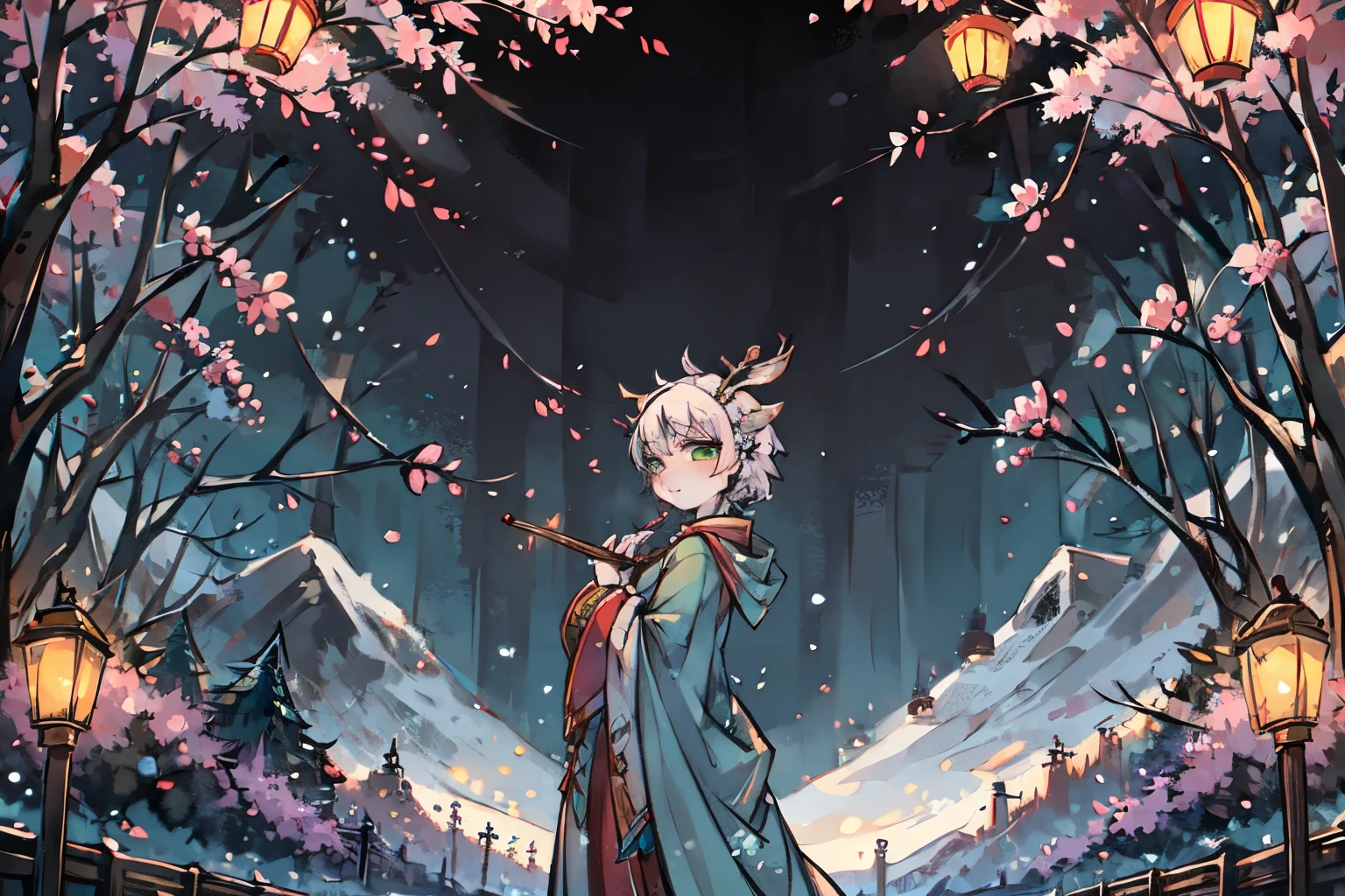 ink style,a white deer,antlers,plum tree,Plum petals,plum blossom branch,Stand by the tree,green-shirt,long cloak,Flowing cloak,Cute Shota,Flute in hand,green eyes,Moderate,Orange trees,The trees are full of oranges,There is a book next to you,mountains,white hair,Purple left sleeve,Orange right sleeve,Glittering starry sky,Falling leaves,mountain river,white hair,Turn your back to the audience,Firefly虫,Firefly,dark night,Portable lanterns,New Year lanterns