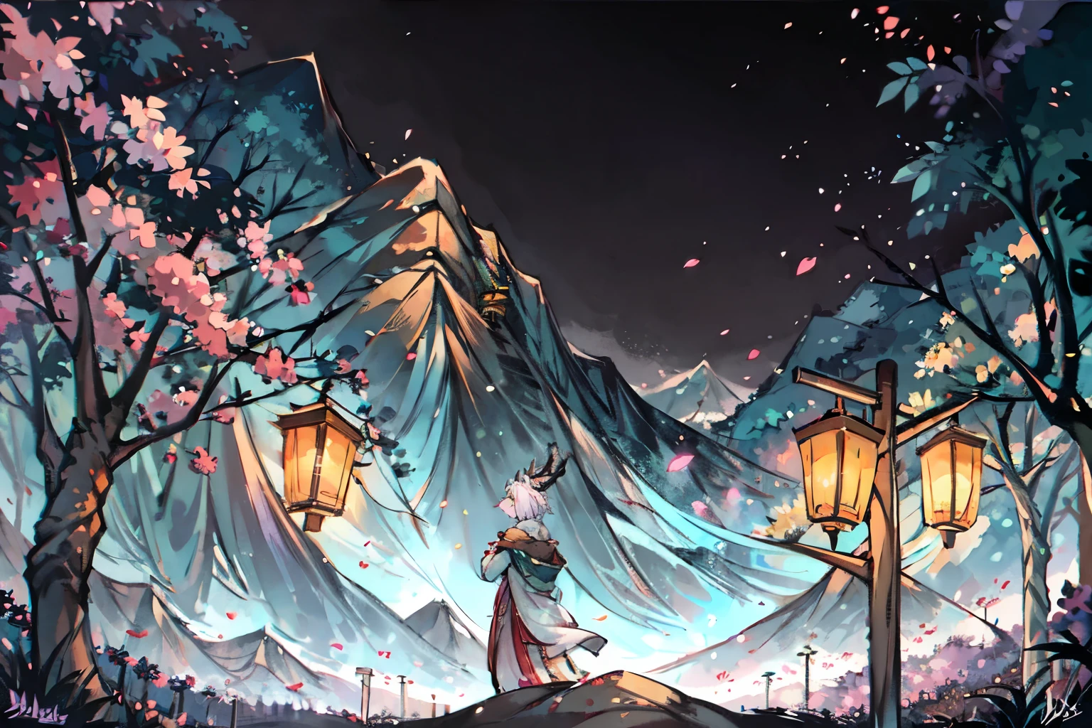 ink style，a white deer，antlers，plum tree，Plum petals，plum blossom branch，Stand by the tree，green-shirt，long cloak，Flowing cloak，Cute Shota，Flute in hand，green eyes，Moderate，Orange trees，The trees are full of oranges，There is a book next to you，mountains，white hair，Purple left sleeve，Orange right sleeve，Glittering starry sky，Falling leaves，mountain river，white hair，Turn your back to the audience，Firefly虫，Firefly，dark night，Portable lanterns，New Year lanterns