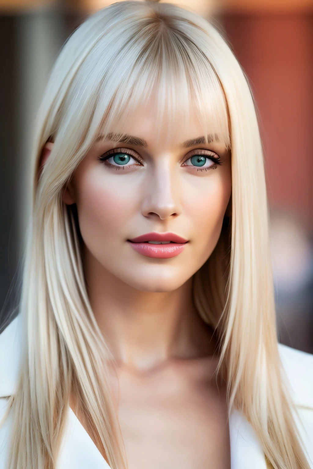highest quality, 8K, masterpiece, photorealistic, High definition, sharp focus, 1 girl, 38 year old gorgeous fashion supermodel, bright white blonde hair, dull bangs, hair behind the ear, long hair, slender body shape, super detailed face, delicate lips, Moderate, beautiful eyes, lipstick, light blush, perfect shiny shiny skin, invite the gaze, view audience