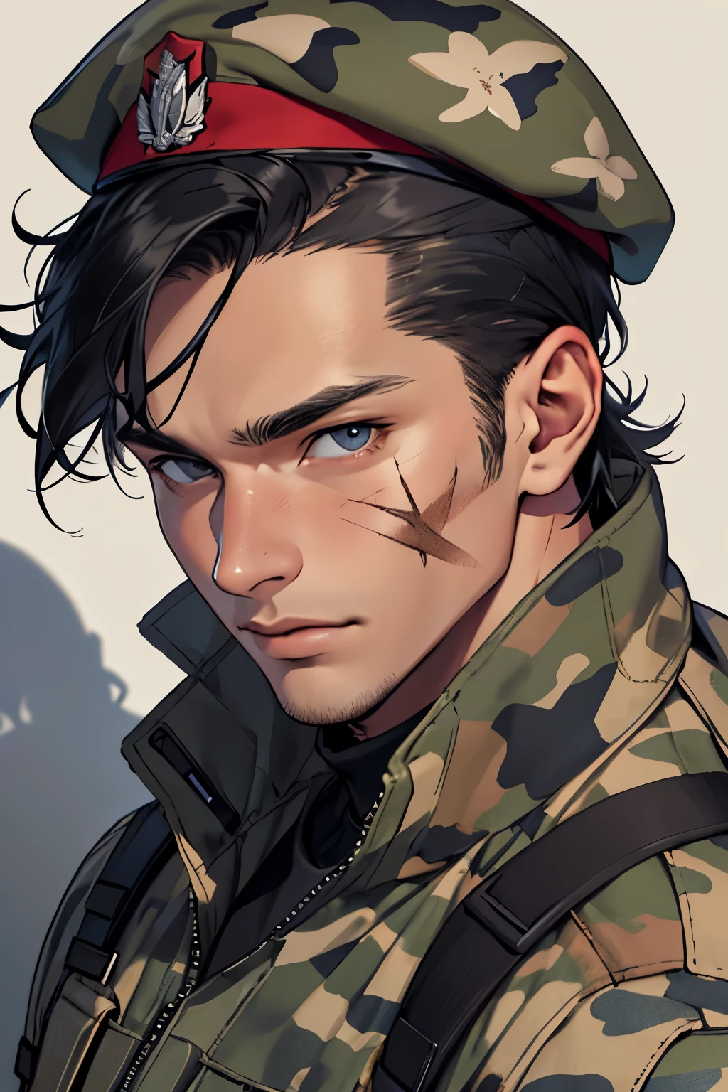 ((best quality)), ((masterpiece)), (detailed), perfect face, soldier, man, muscullar, battle scar, camo, beret hat, black hair, short hair, mid 40, brown skin