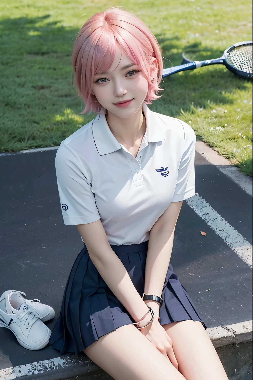 (8K, top-quality, masterpiece:1,2), (reallistic, Photorealsitic:1.37), Super Detail, One girl,), (Highly detailed), (beautifully detailed eyes), (of the highest quality), (super detailed ), (masterpiece), (Detailed face),20yr old, ,1 girl, ((pink hair,Very short hair)), medium breasts, clothed, Perfect Lighting, (white polo shirt with navy lines on collar and cuffs:1.3), (white pleated skirt with navy line on hem:1.3), fit and flare silhouette, holding tennis racket and ball, sponsor logo on chest, (white ankle socks with navy line on top:1.2), (white sneakers with navy swoosh mark:1.2), white hairband, white wristwatch, BREAK smiling, holding tennis racket and ball, green grass, white net, sunlight, no shadow