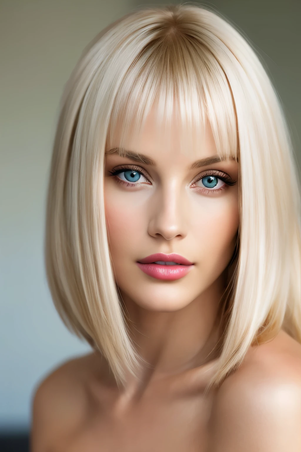 highest quality, 8K, masterpiece, photorealistic, High definition, sharp focus, 1 girl, 38 year old gorgeous fashion supermodel, bright white blonde hair, medium length hair, dull bangs, hair behind the ear, long hair, slender body shape, super detailed face, delicate lips, Moderate, beautiful eyes, lipstick, light blush, perfect shiny shiny skin, invite the gaze, view audience