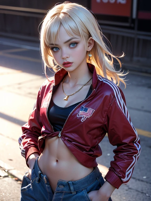 (best quality, 8k, highres, photorealistic:2.0), (solo, one girl:2.0),(lighting:front),(lighting: strong),(american beauty:2.0),(women of adult age:1.6),(girl is very muscular:1.5),(shiny skin:1.5),(oily skin:1.5),(platinum blonde hair color:1.5),(flat chest:1.5),(((small breasts))),(Photographed in the deserted slum of Detroit),(ultimate beautiful girl),(energetic woman),(hip hop dancer),(((low rise pants))),((track jacket zip full open)),(navel is visible),(abdomen is visible),(((hip hugging pants))),Blush brown makeup , dark eye makeup ,pink lipstick,(big eyes girl:1.3),(((girl's sexual charm))),(The girl's amazing sex appeal),(Open the bottom zipper1.6),(gold necklace),edg90hh, wearing edg90hh_clothing