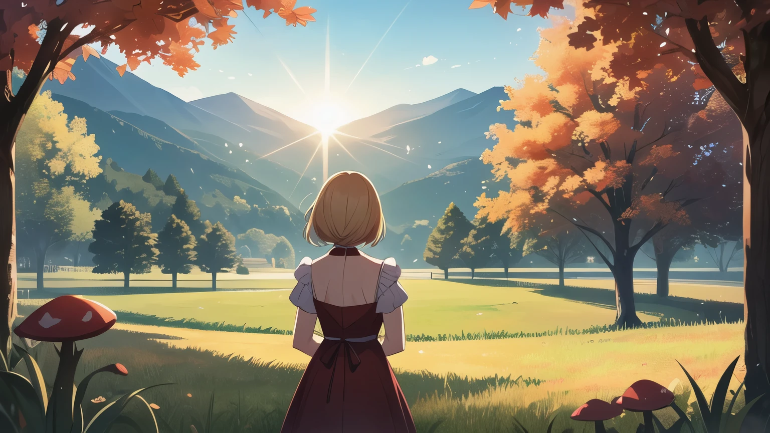 Extremely detailed, wind, anime intonation, vibrant colors, vivid, lighting going to extreme light and extreme shadow, focused on the color green, a woman smiling on her back looking at a landscape from the tip of a cliff with grasses and leaves with autumn colors, red dress, long blonde hair, wind, skin is tanned, the woman has to be highlighted with light in her hair and dress,  leaving both transparent, landscape to which she is looking over the precipice is an extremely green environment, full of trees, villages, mountains (no bigger than where the woman is), with a lot of wind and fluttering leaves everywhere, at the end of this landscape a giant tree, much larger than the mountains, the seas are reflective and the flora has strong shadows,  volumetric lighting, unreal render, octane render, perfect face, perfect dress, perfect hands, perfect face, perfect eyes, ray tracing reflections, ray traced, rtx, hdr, sharpen, cinematic, fantasy atmosphere, leaves flying everywhere to give the feeling of strong wind, extremely strong lighting and shadow, variations between black and light green, mushrooms, flowers, butterflies, bright lights, sun light on every woman,  Sun in the background reflecting throughout the landscape, only nature, no construction shadows and lights 2 times stronger, extremely blue sky with white clouds, transparent red dress, strong colors, strong outline